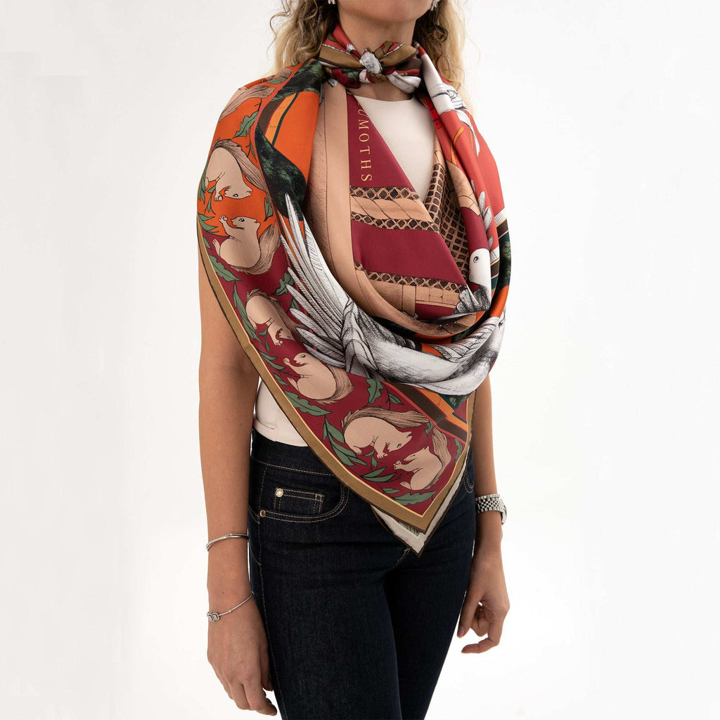 Miniature Palace / Kuşlar & Köşk Bordo İpek Twill 90 cm Eşarp