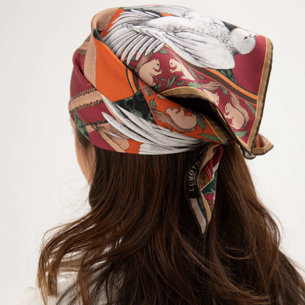 Miniature Palace / Kuşlar & Köşk Bordo İpek Twill 53 cm Bandana Fular