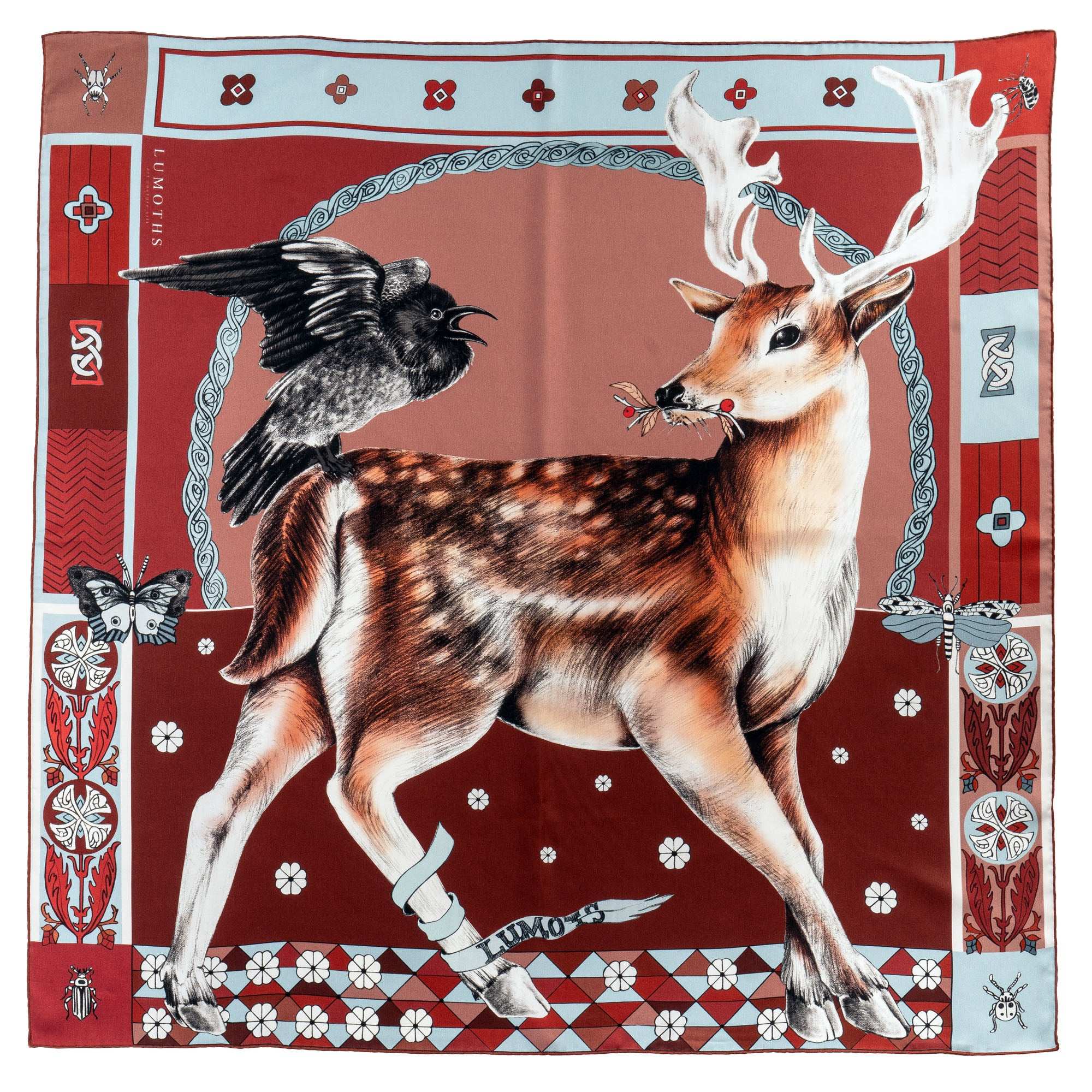 Seer / Geyik & Karga Dut Kırmızı İpek Twill 90 Cm Eşarp