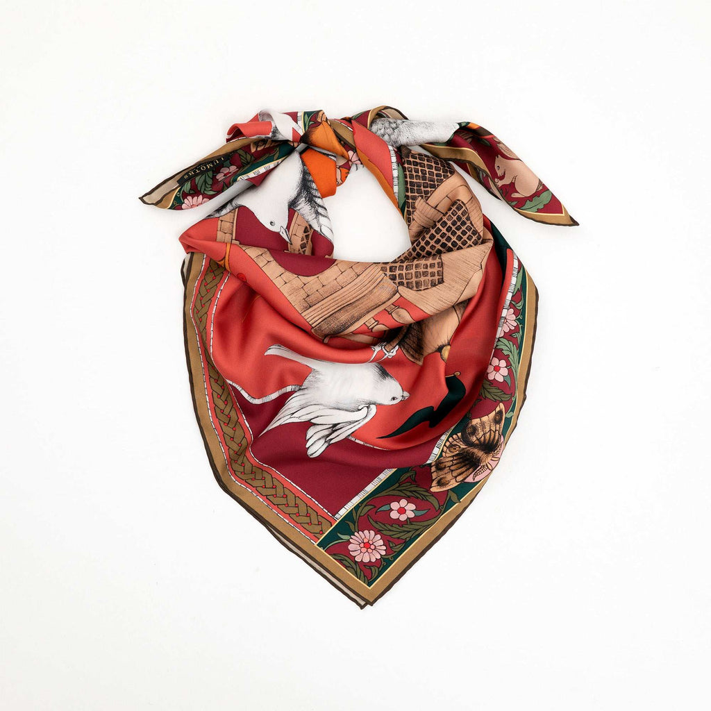 Miniature Palace / Kuşlar & Köşk Bordo İpek Twill 135 cm Şal