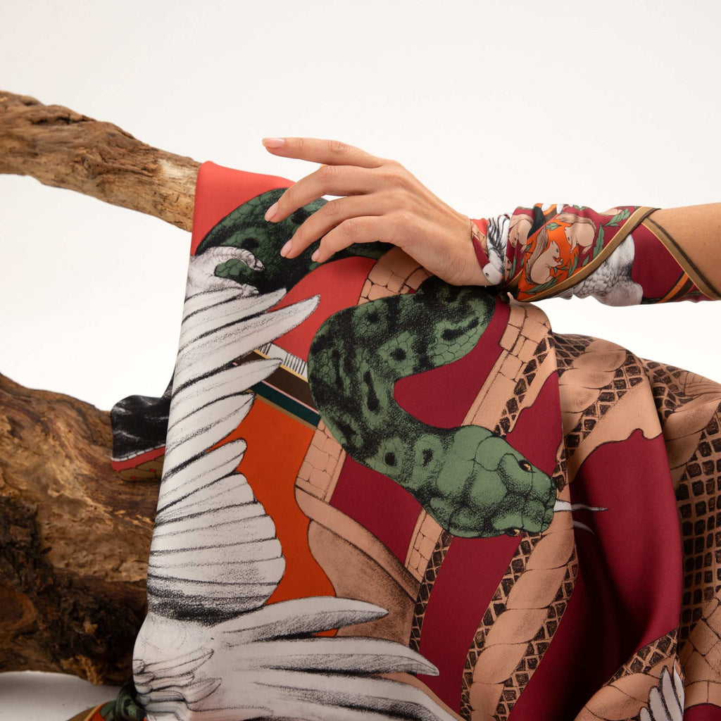 Miniature Palace / Kuşlar & Köşk Bordo İpek Twill 53 cm Bandana Fular