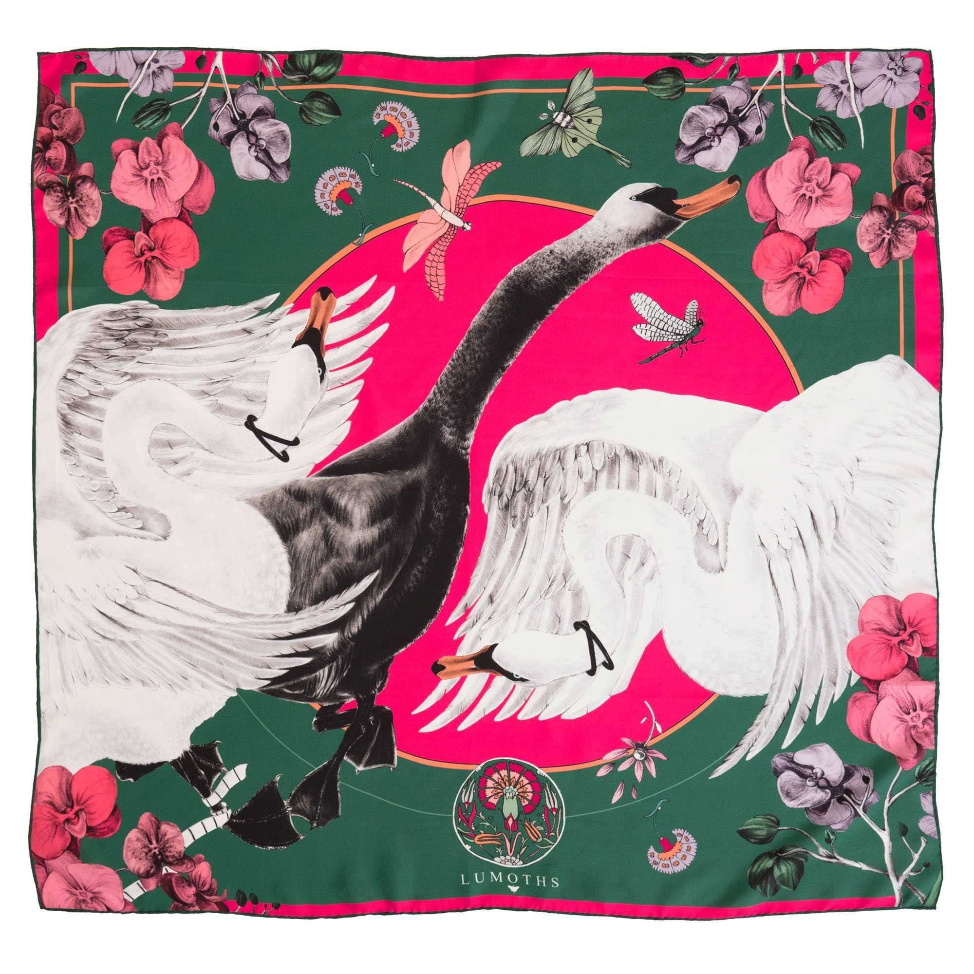 Cabala / Kuğular & Orkideler Yeşil İpek Twill 53 cm Bandana Fular