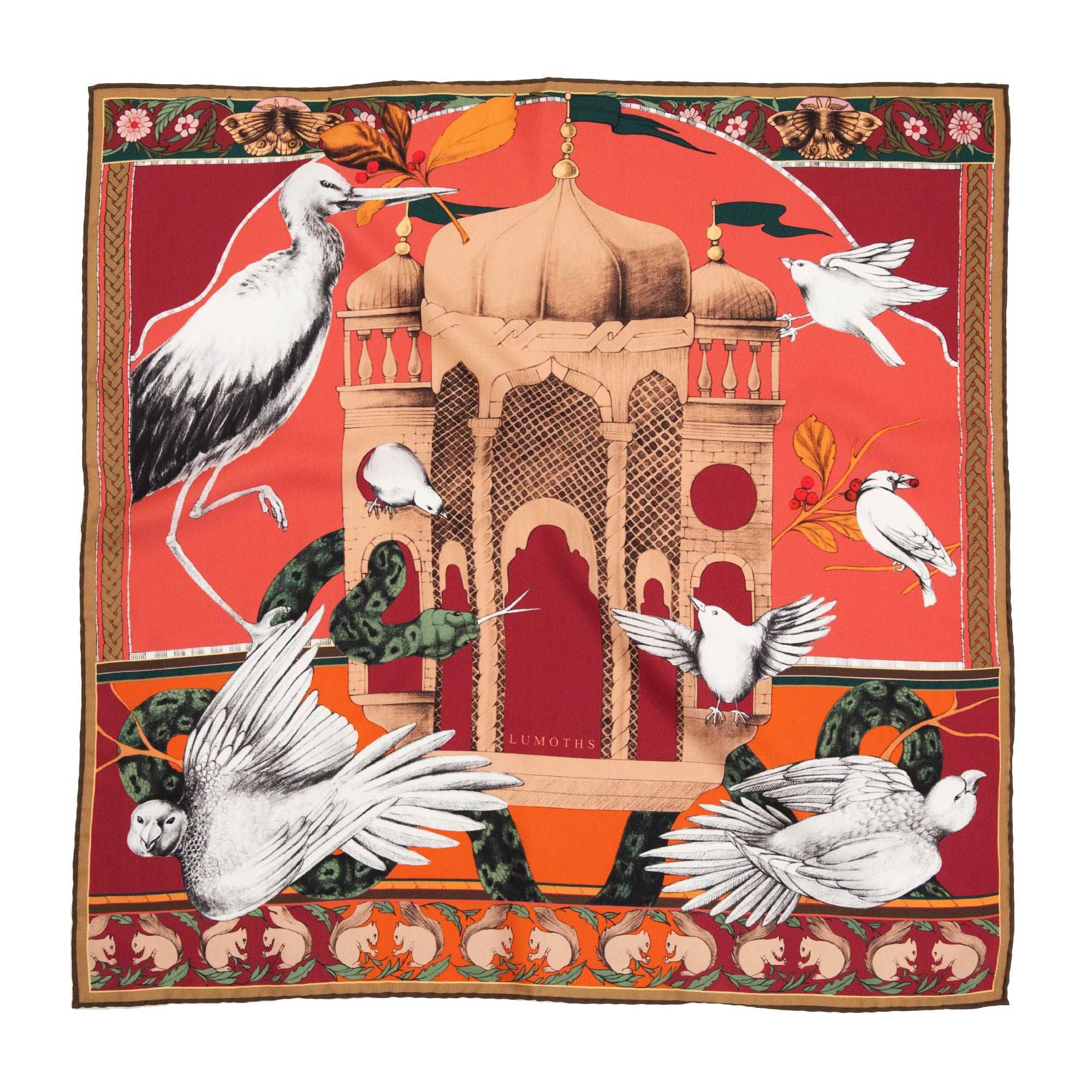 Miniature Palace / Kuşlar & Köşk Bordo İpek Twill 90 cm Eşarp