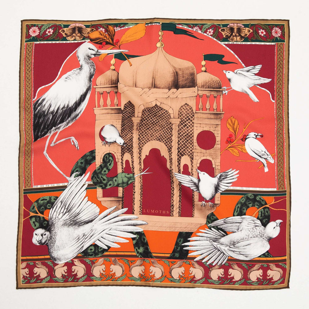 Miniature Palace / Kuşlar & Köşk Bordo İpek Twill 135 cm Şal