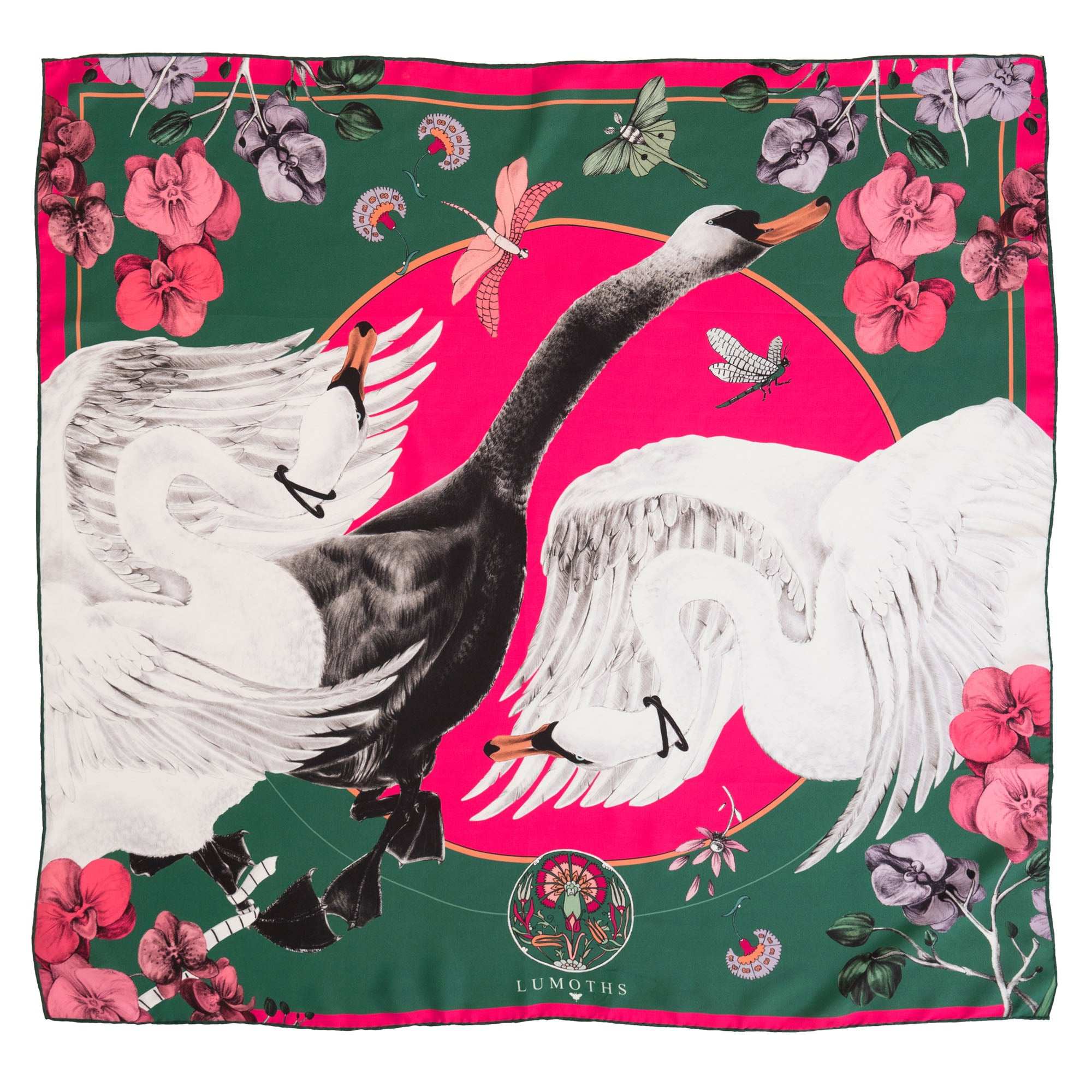 Cabala / Kuğular & Orkideler Yeşil İpek Twill 135 cm Şal