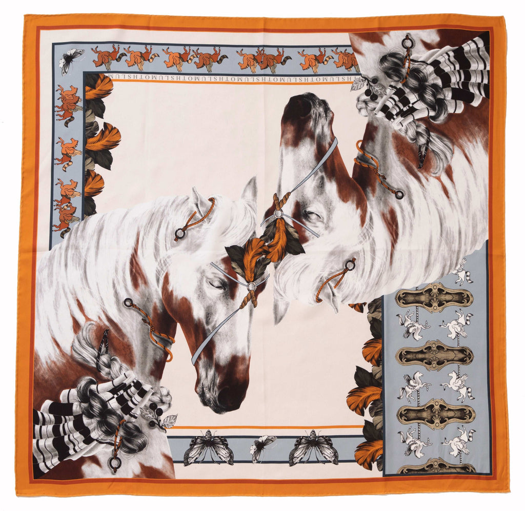 Free Spirit / Vahşi Atlar & Kelebekler Krem İpek Twill 53 cm Bandana Fular