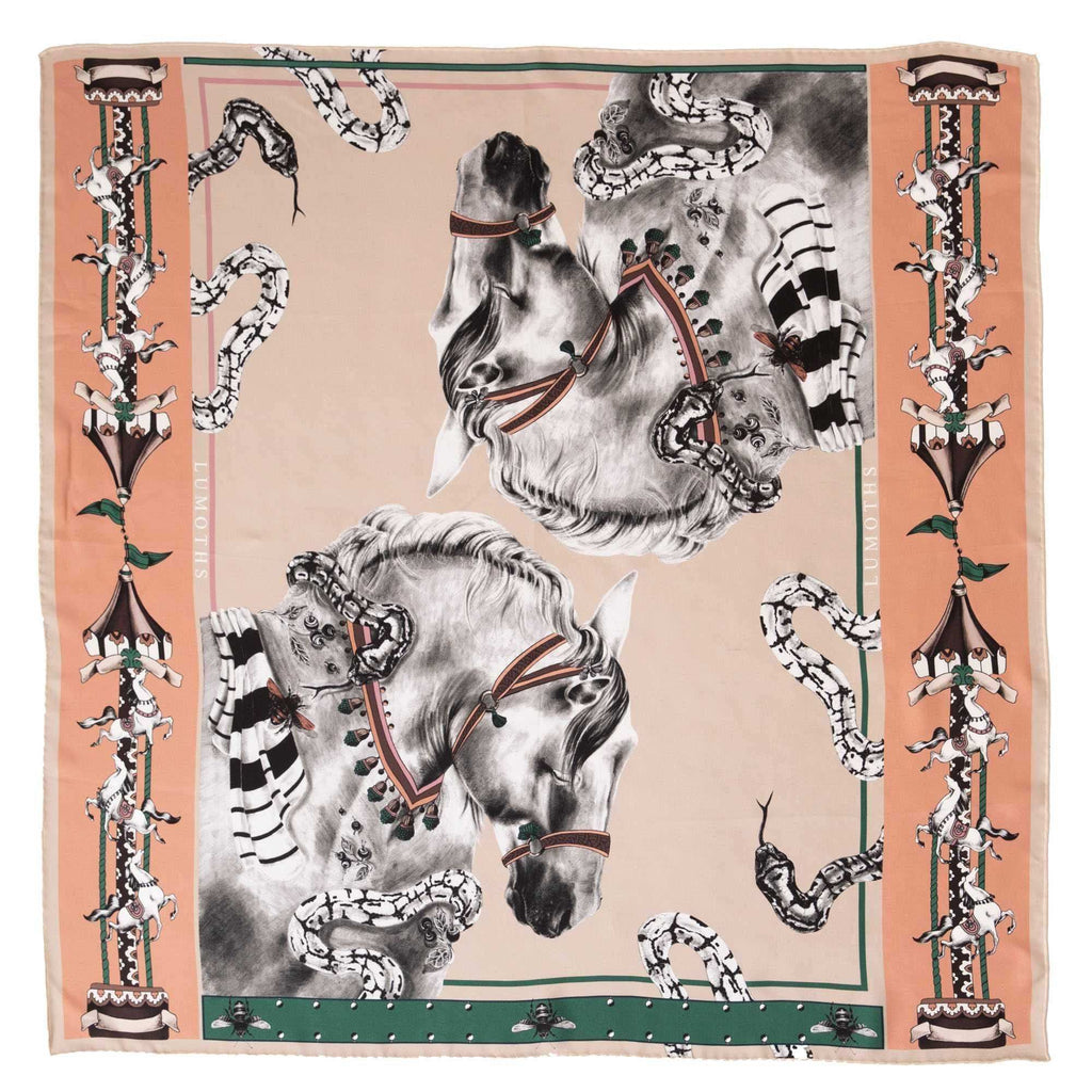 Delusion / Atlar & Yılanlar Bej İpek Twill 53 cm Bandana Fular