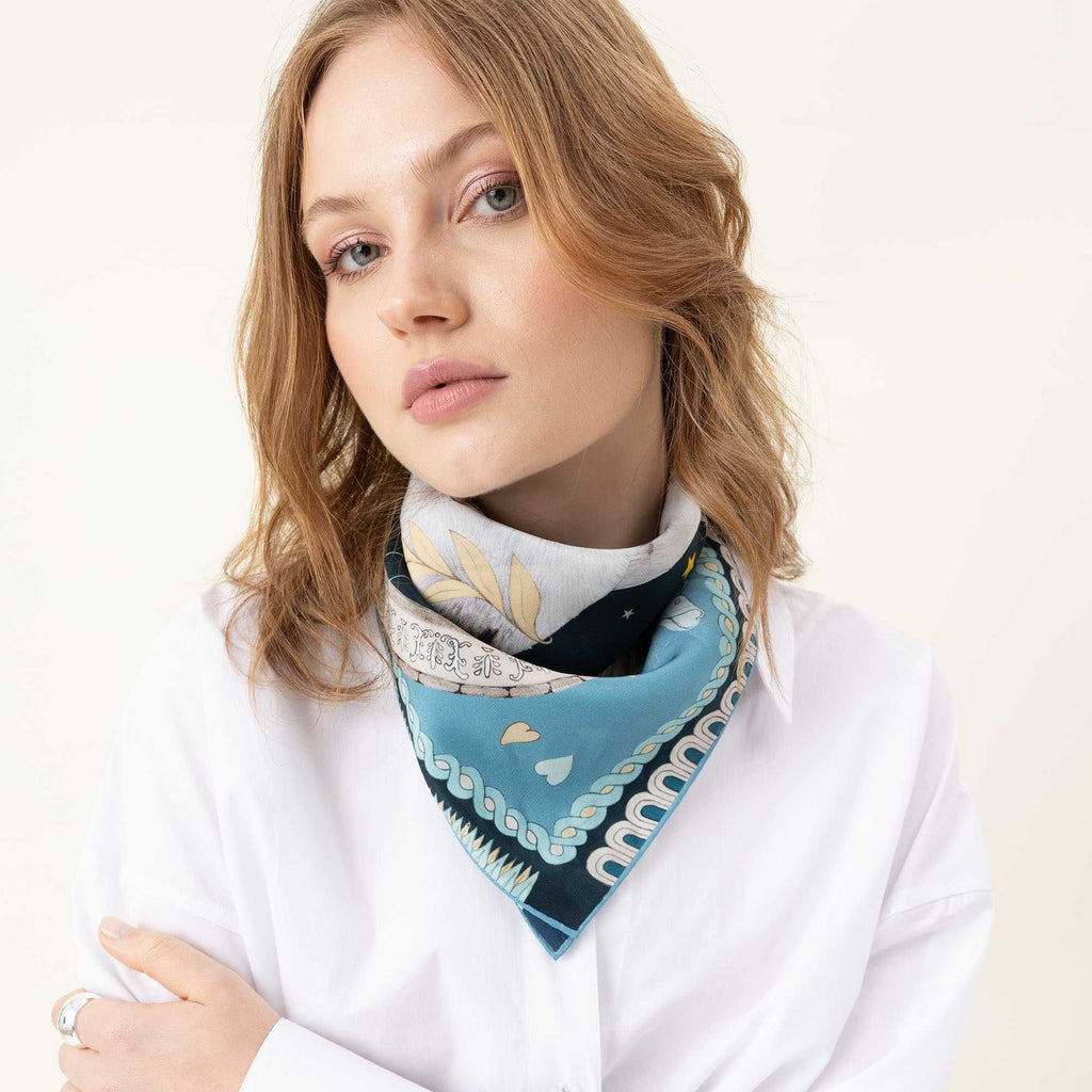 Duchess / Cats &amp; Angels Petrol Blue Silk Crepe 53 cm Bandana