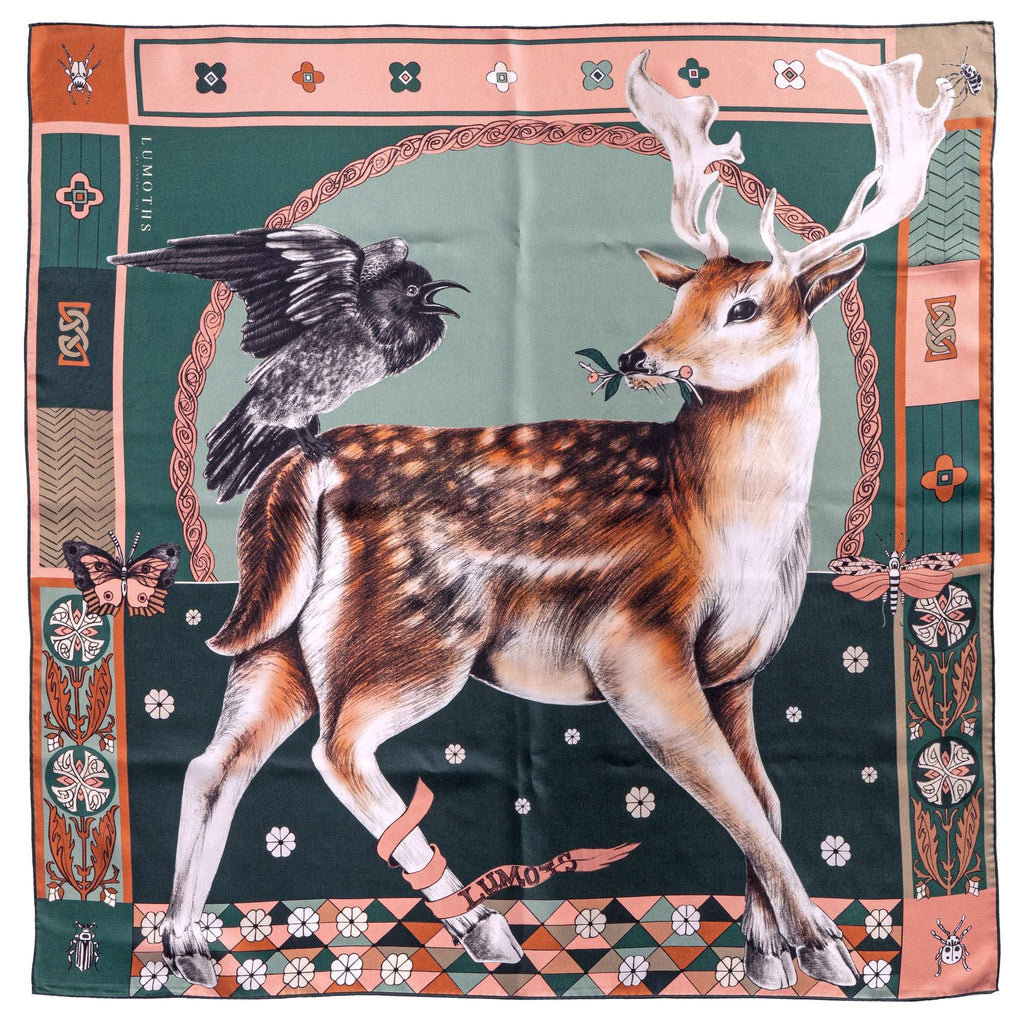 Seer / Geyik & Karga Orman Yeşili İpek Twill 90 Cm Eşarp