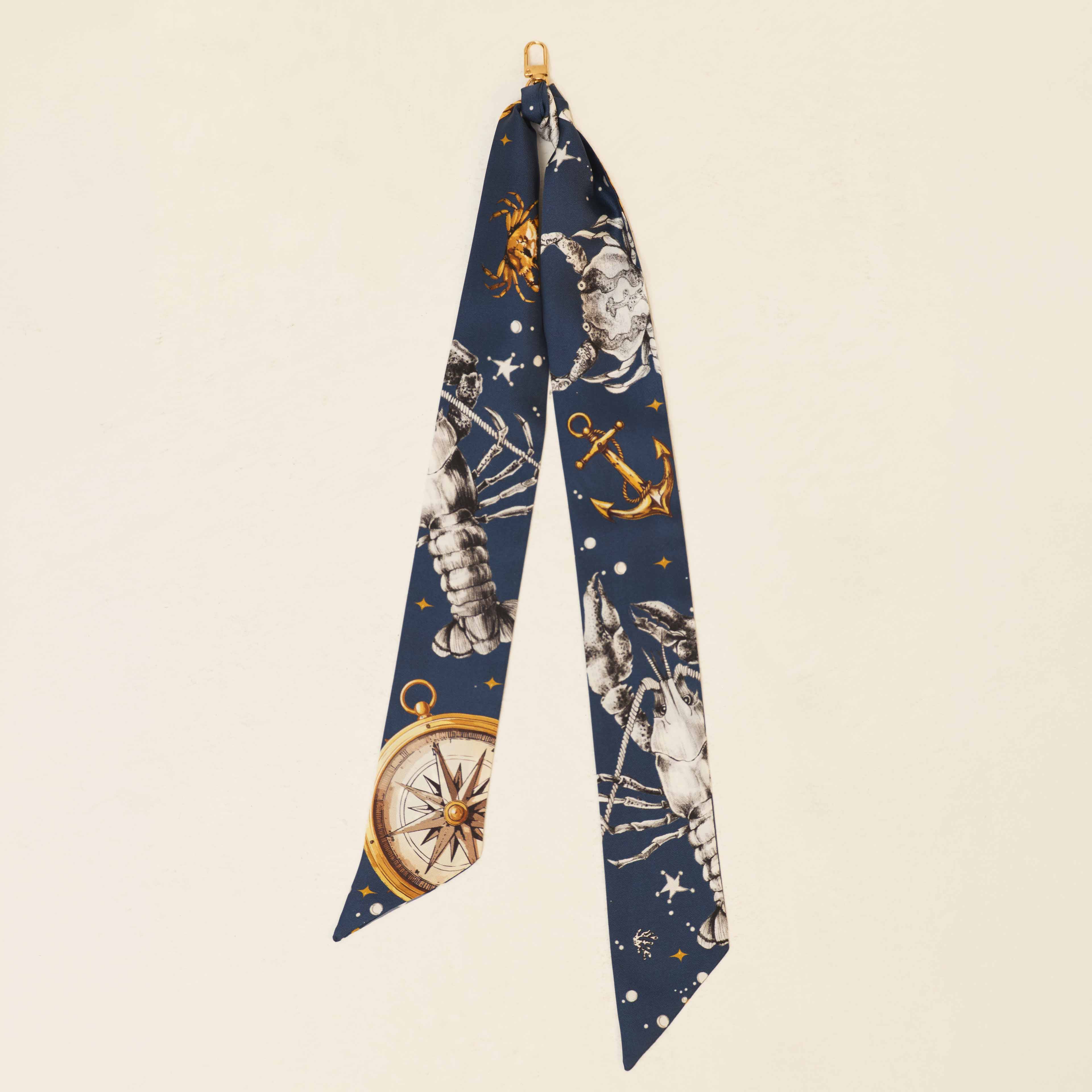 Mariner / İstakoz & Pusula Lacivert İpek Twill 5,5cm x 100cm Şerit Fular