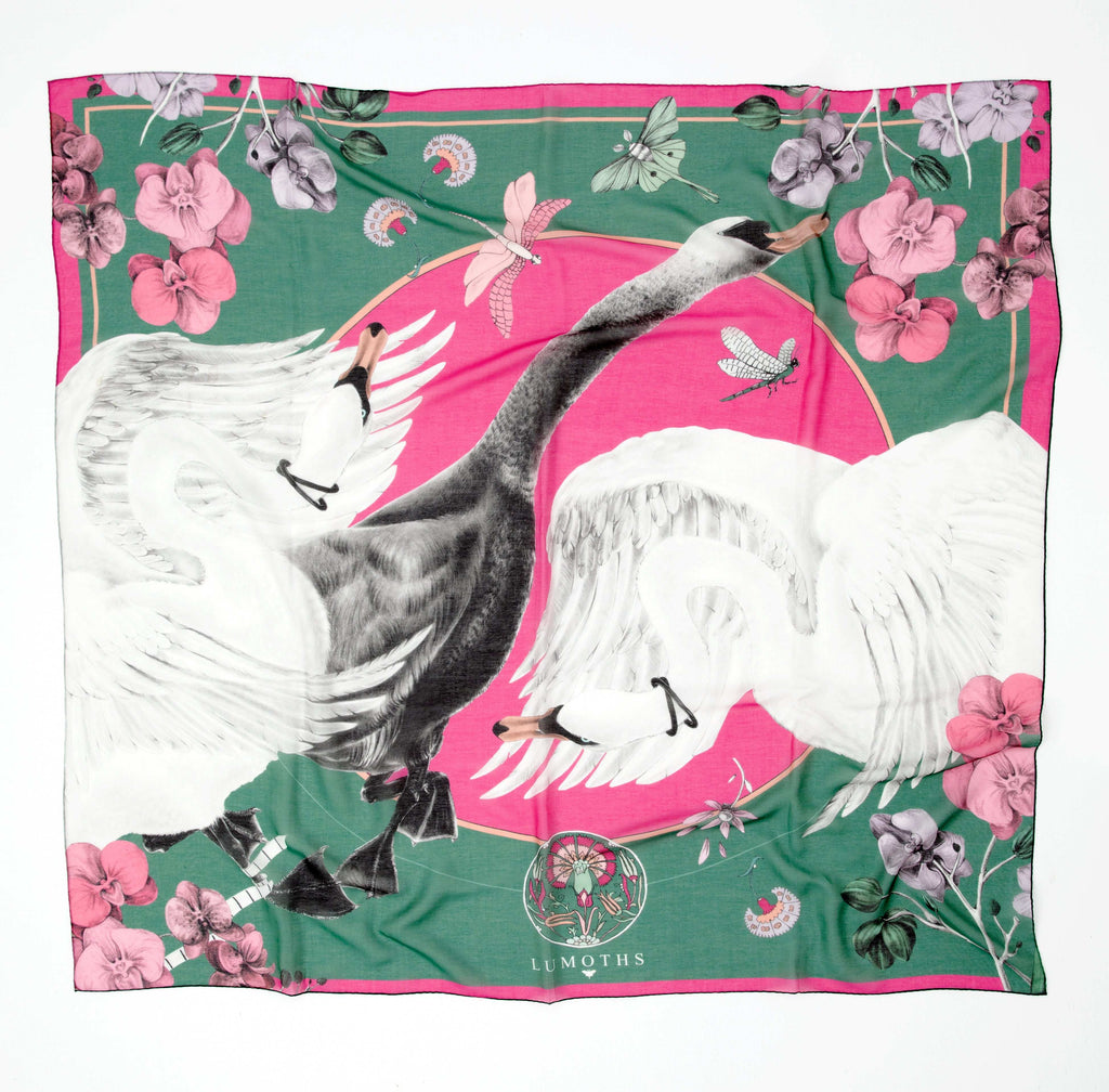 Cabala / Kuğular & Orkideler Yeşil İpek Koton 135 cm Şal