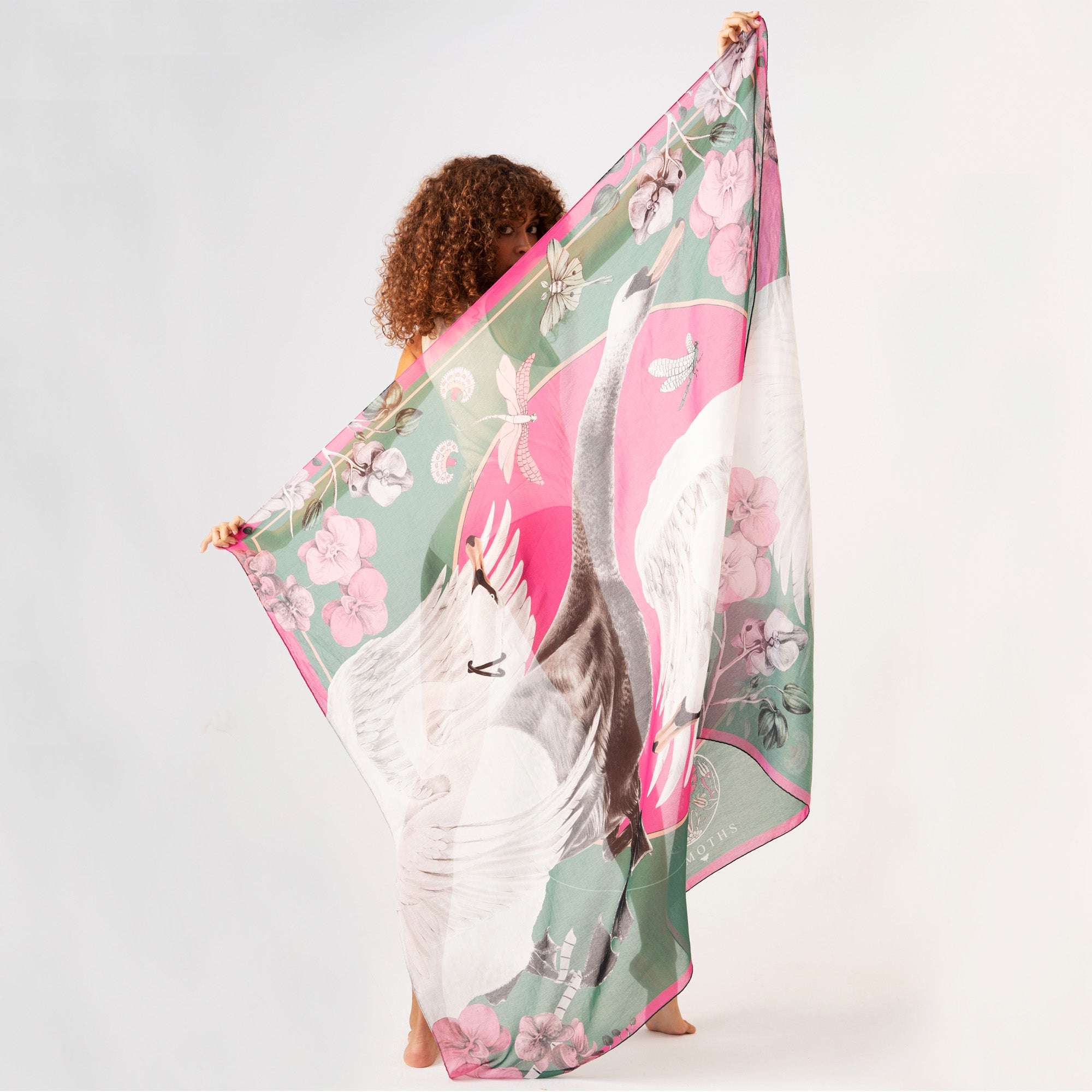 Cabala / Kuğular & Orkideler Yeşil İpek Koton 135 cm Şal