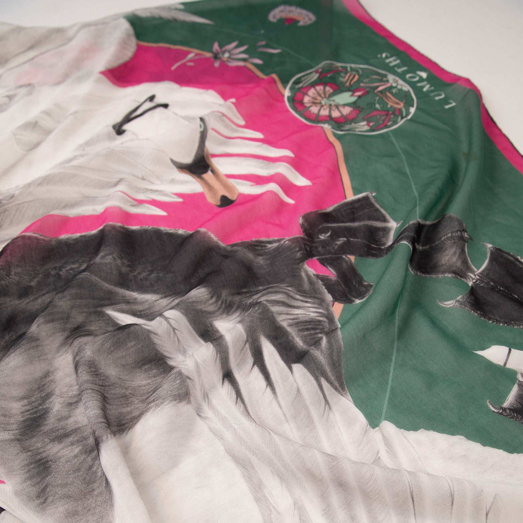 Cabala / Kuğular & Orkideler Yeşil İpek Koton 135 cm Şal