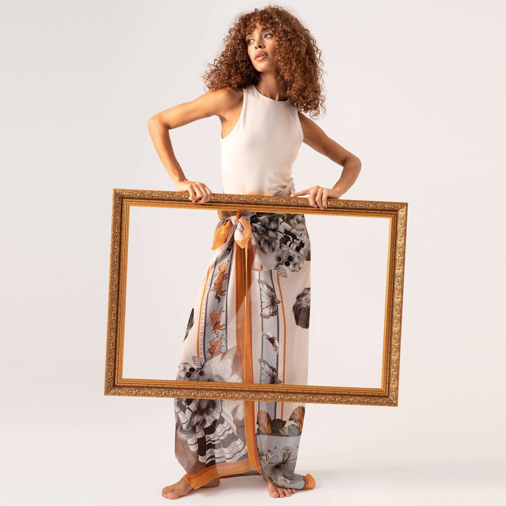 Free Spirit / Vahşi Atlar & Kelebekler Krem İpek Koton 135 cm Şal