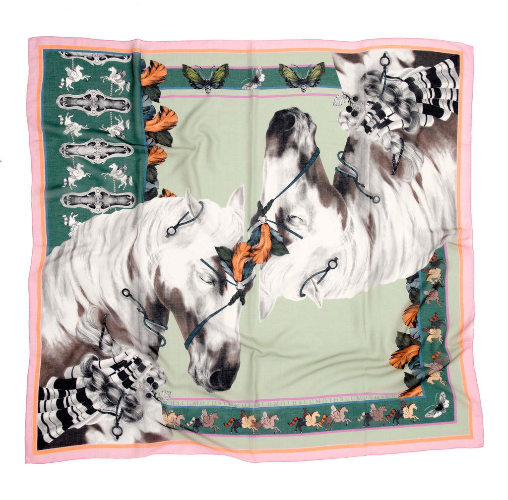 Free Spirit / Wild Horses &amp; Butterflies Mint Silk Cotton 135 cm Shawl