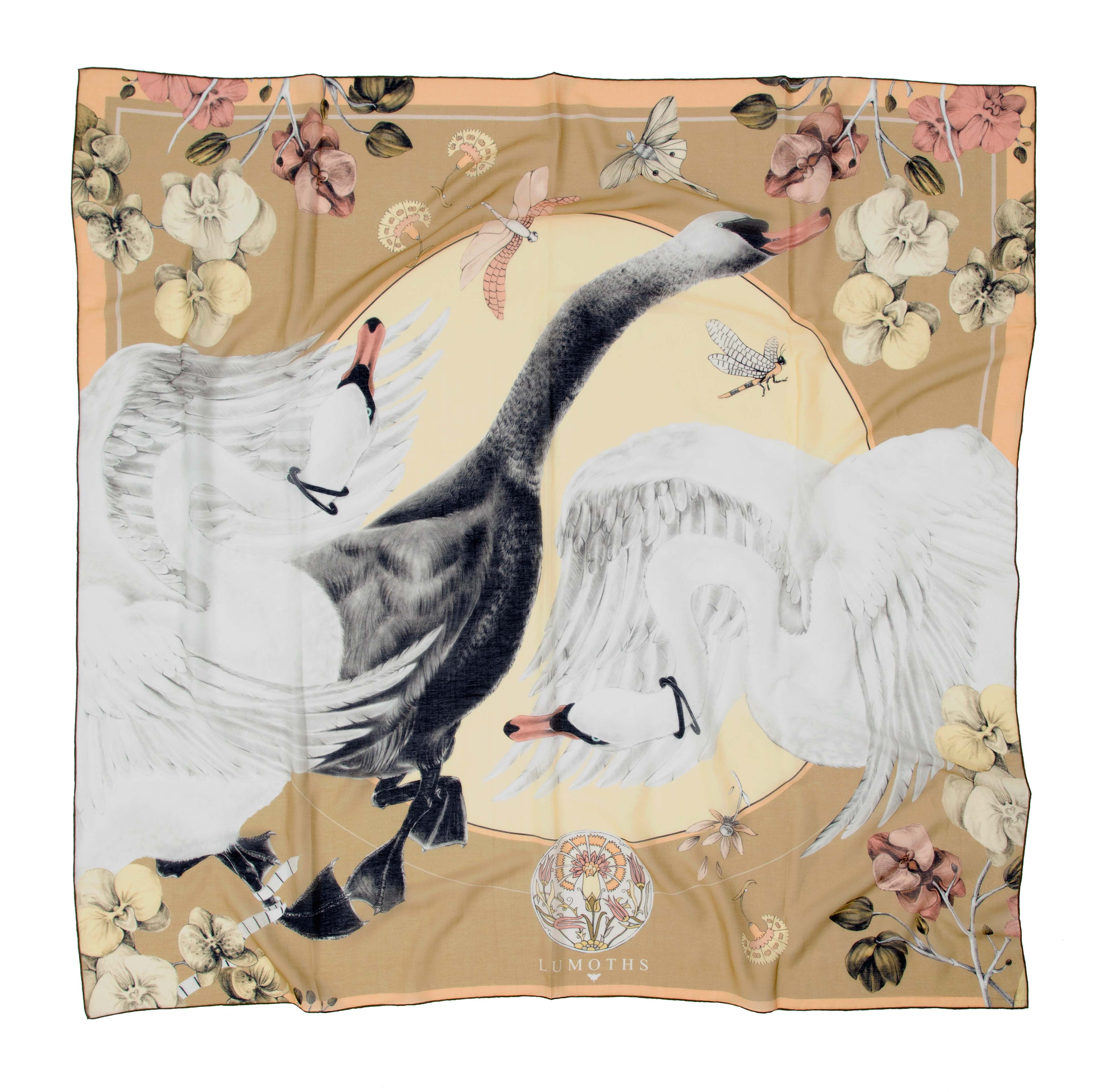 Cabala / Swans &amp; Orchids Khaki Silk Cotton 135 cm Shawl