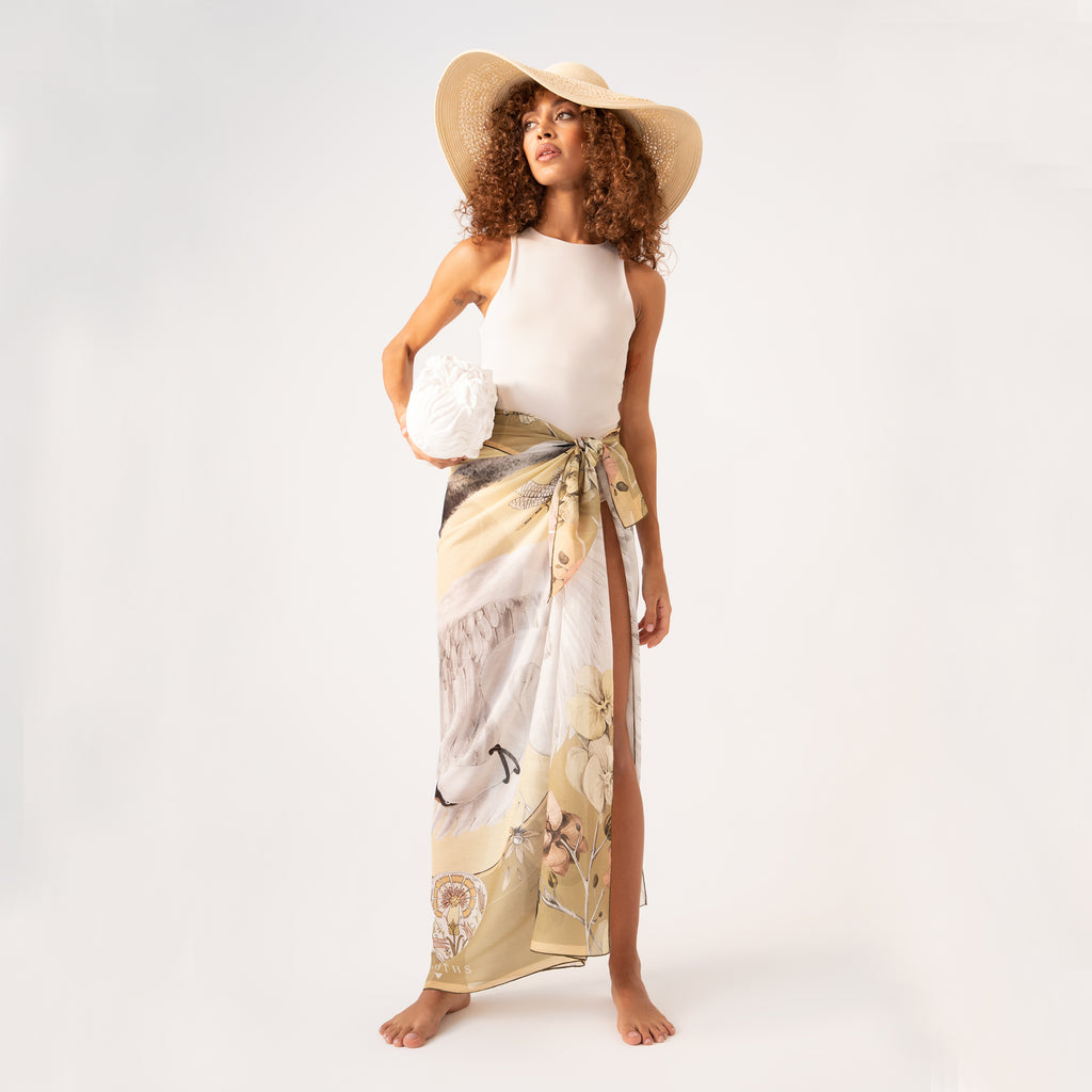 Cabala / Kuğular & Orkideler Haki İpek Koton 135 cm Şal