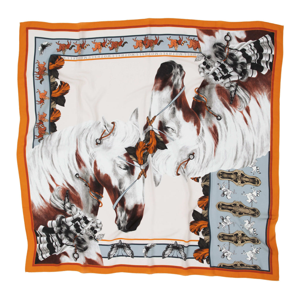 Free Spirit / Vahşi Atlar & Kelebekler Krem İpek Krep 135 cm Şal