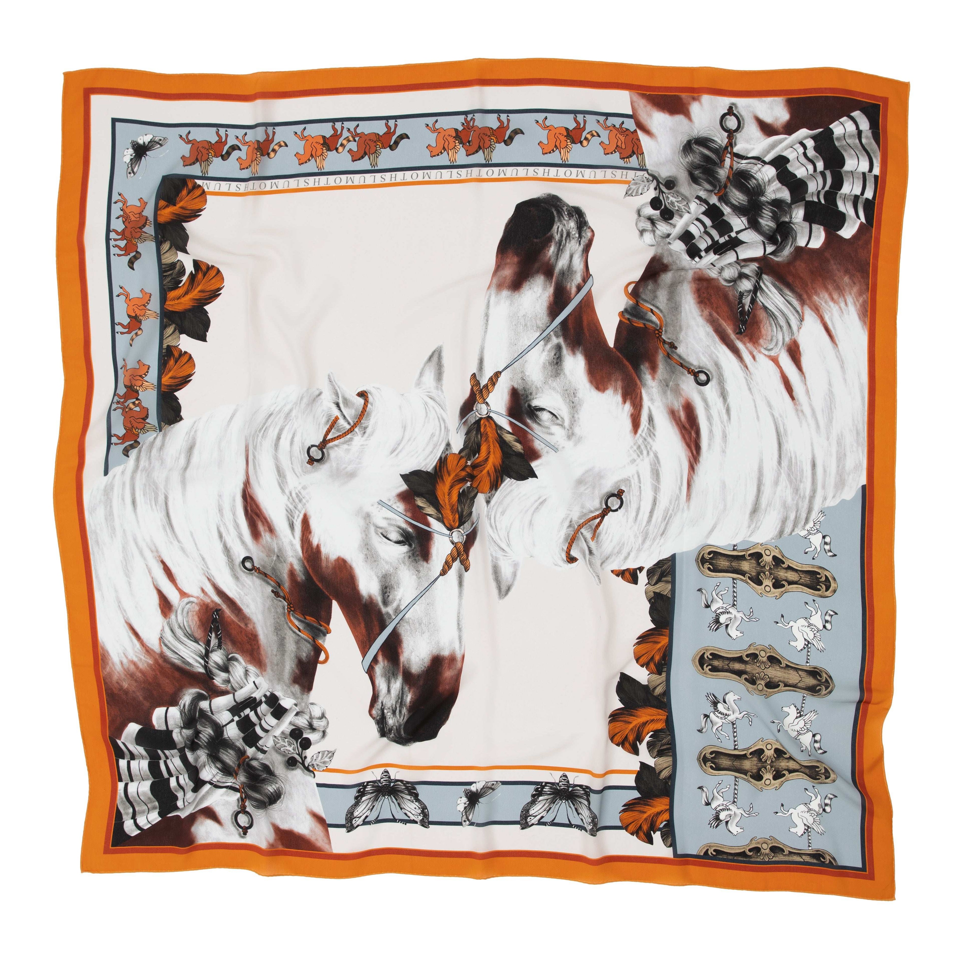 Free Spirit / Vahşi Atlar & Kelebekler Krem İpek Krep 135 cm Şal