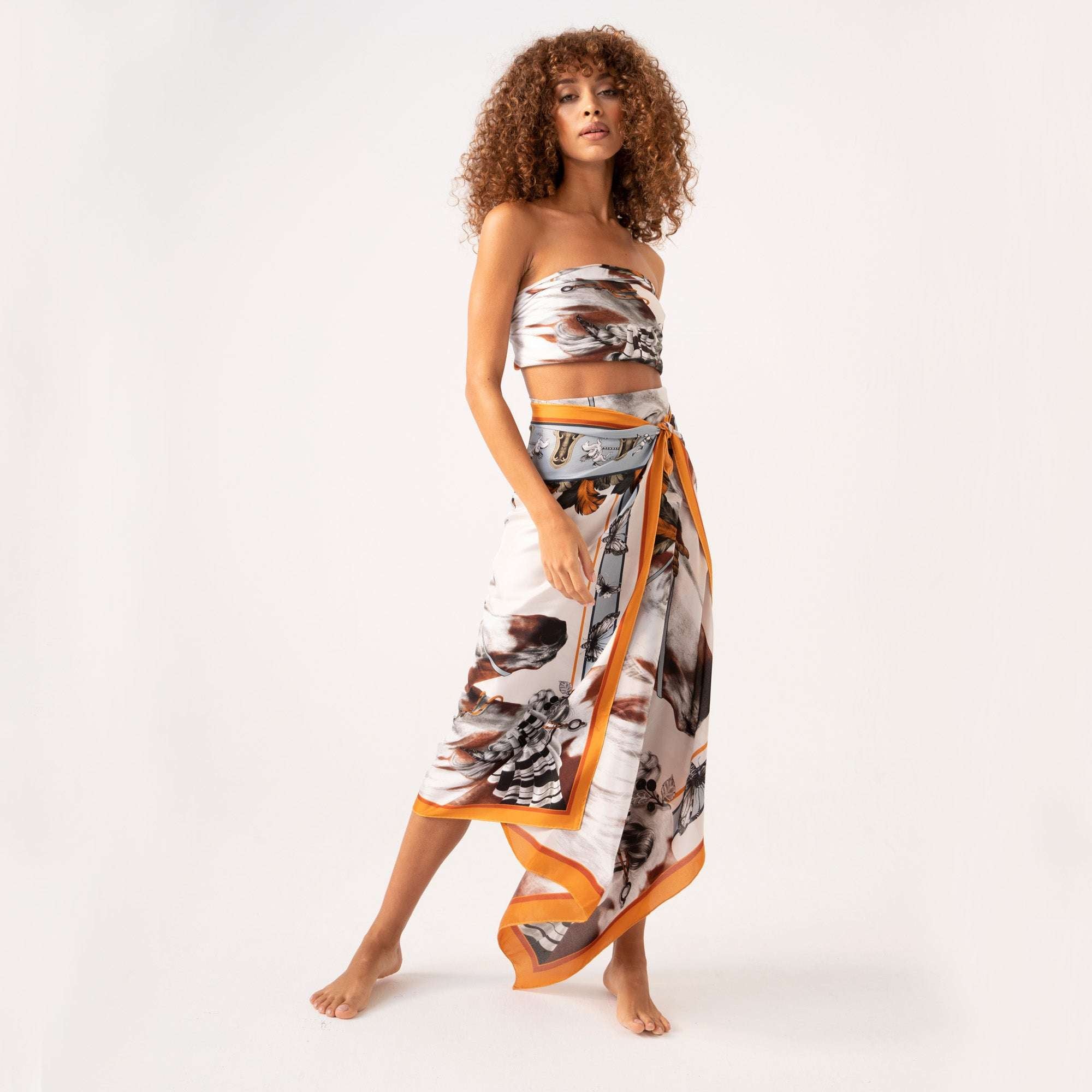 Free Spirit / Vahşi Atlar & Kelebekler Krem İpek Krep 135 cm Şal