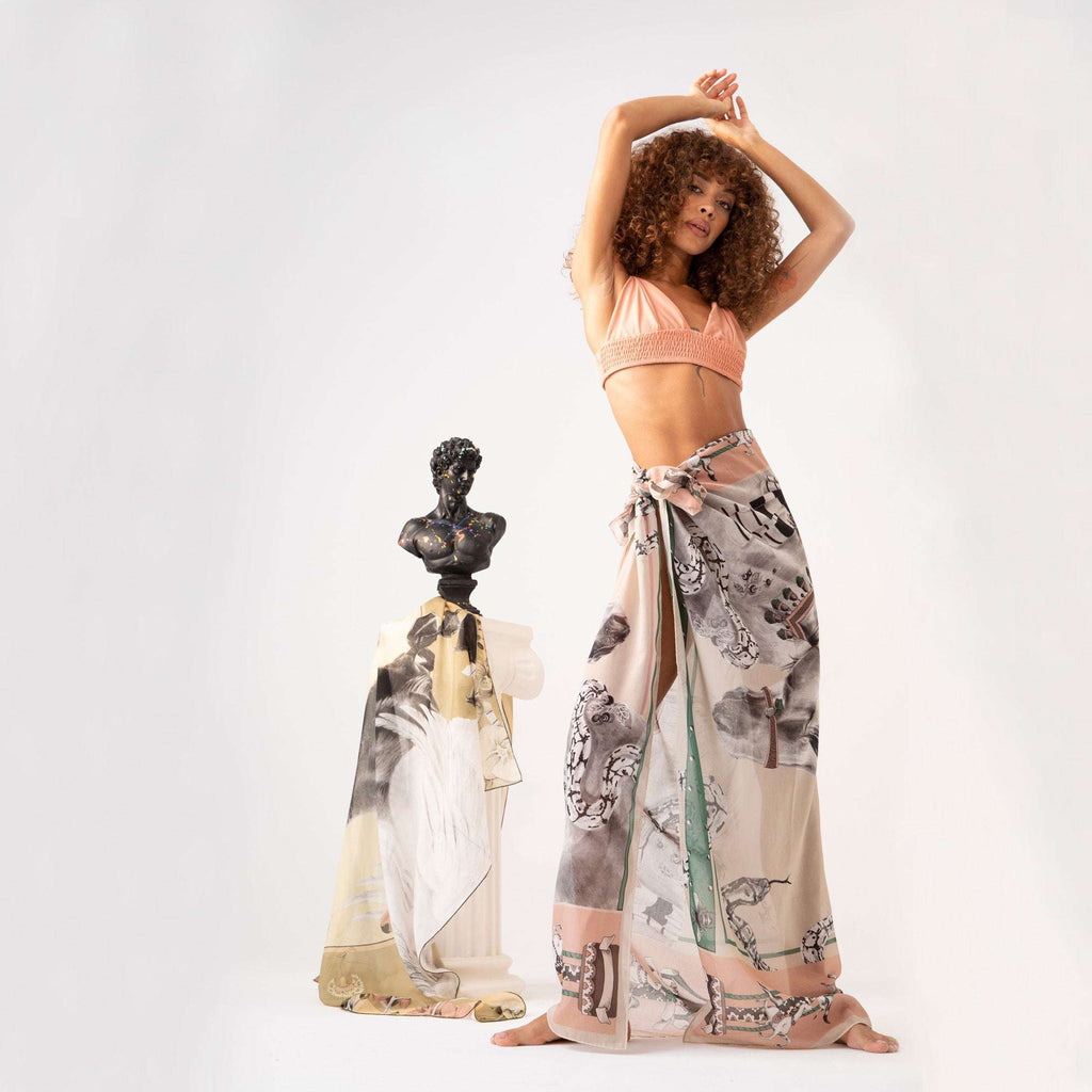 Delusion / Atlar & Yılanlar Bej İpek Koton 135 cm Şal