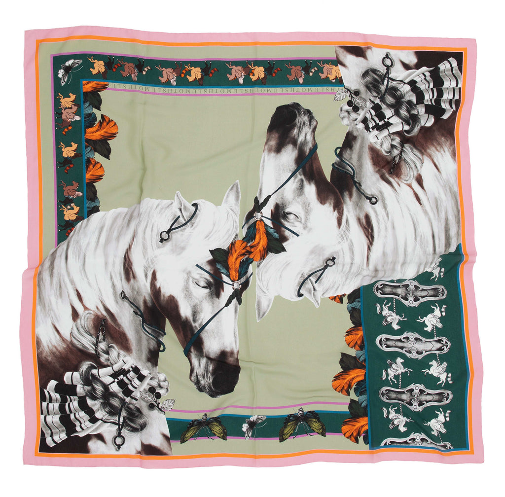 Free Spirit / Vahşi Atlar & Kelebekler Mint İpek Krep 135 cm Şal