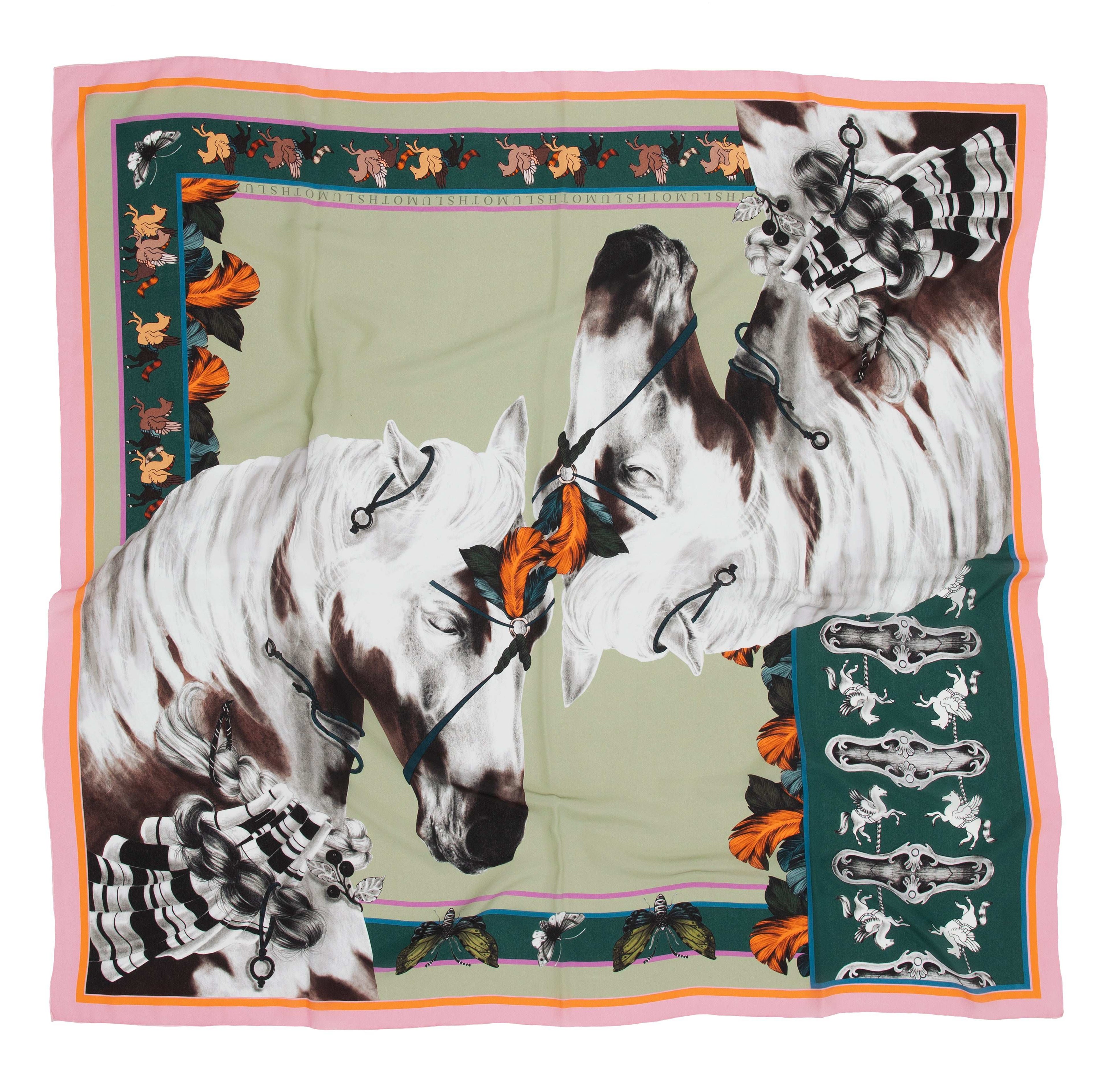 Free Spirit / Vahşi Atlar & Kelebekler Mint İpek Krep 135 cm Şal