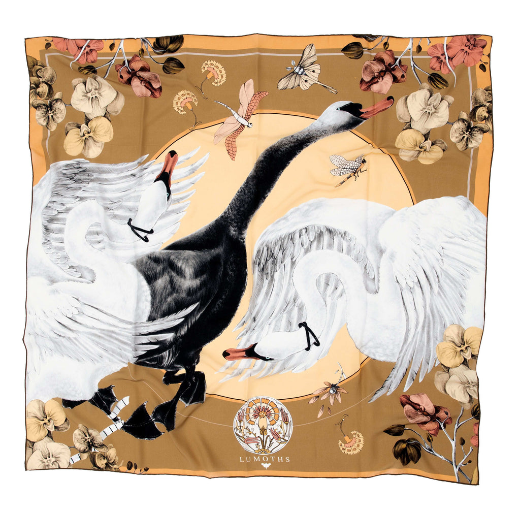 Cabala / Kuğular & Orkideler Haki İpek Krep 135 cm Şal