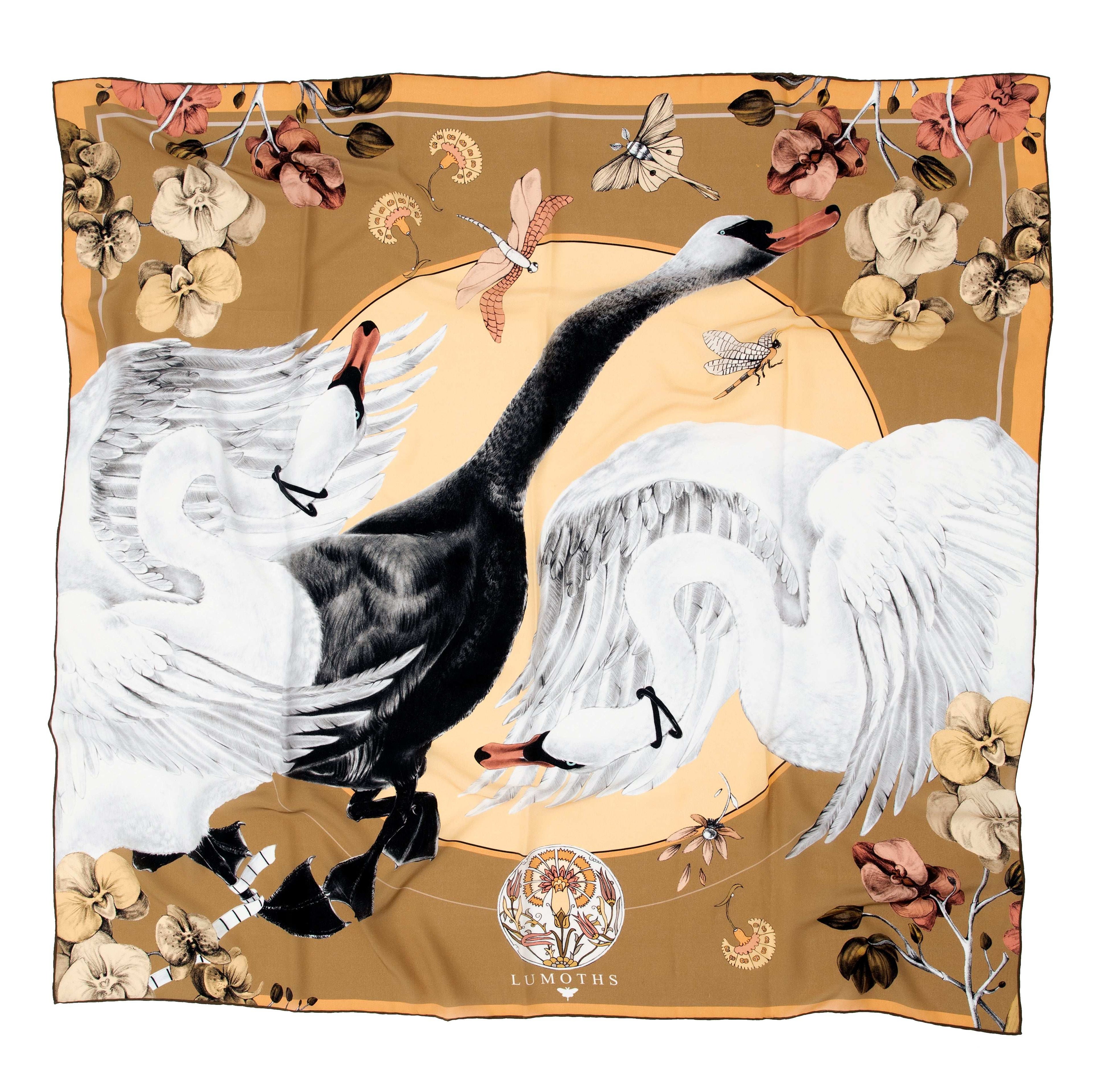 Cabala / Kuğular & Orkideler Haki İpek Krep 135 cm Şal