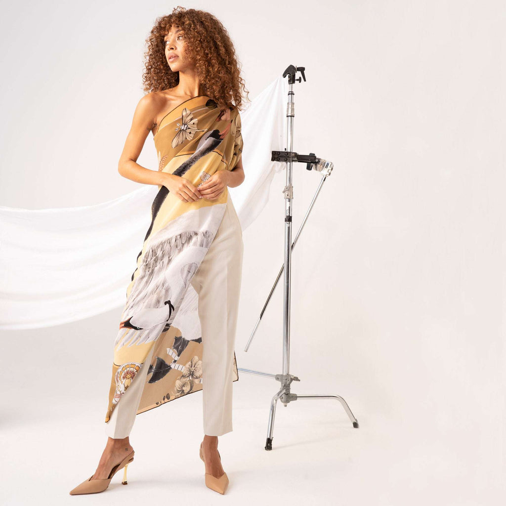 Cabala / Kuğular & Orkideler Haki İpek Krep 135 cm Şal