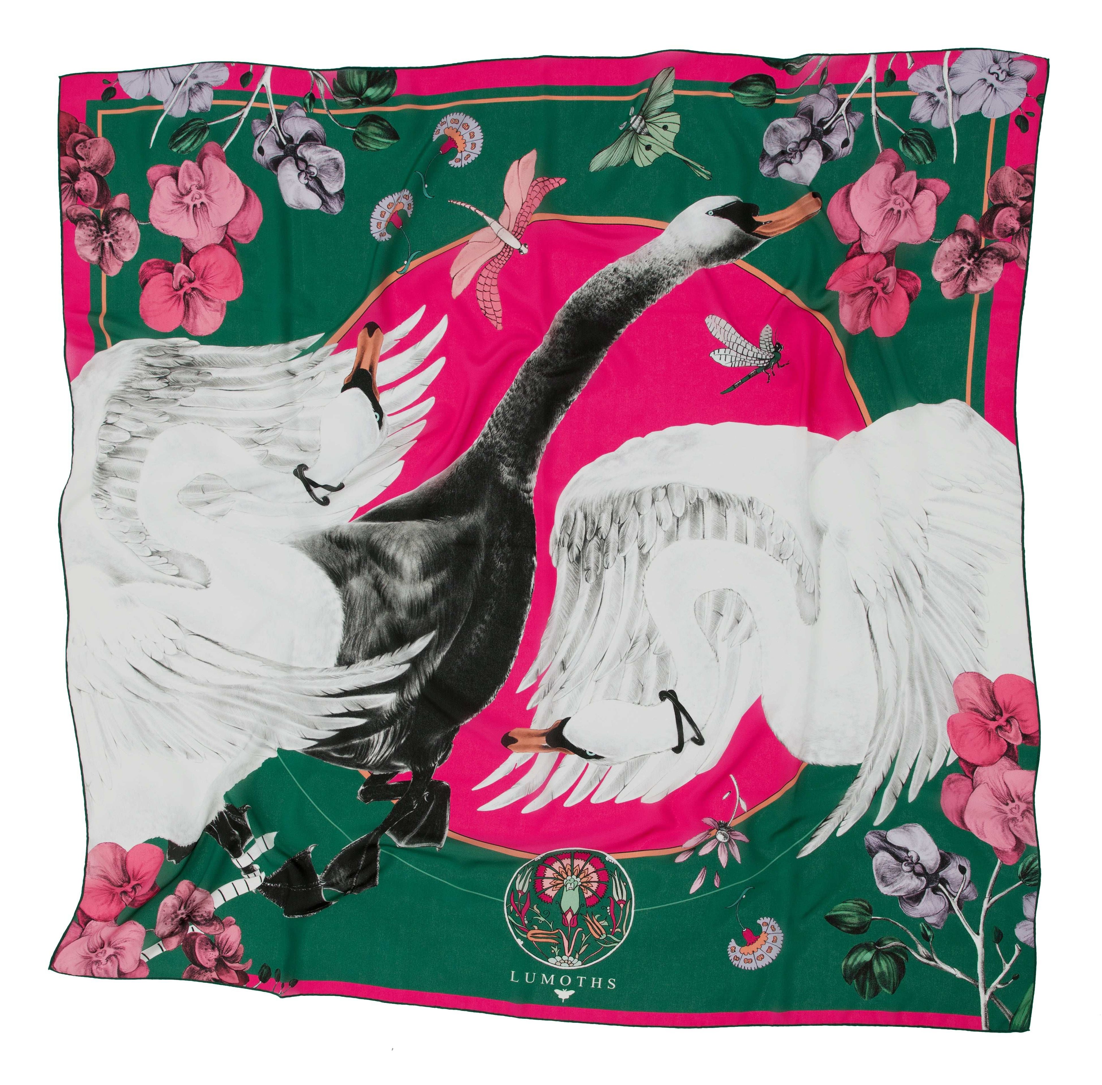 Cabala / Kuğular & Orkideler Yeşil İpek Krep 135 cm Şal