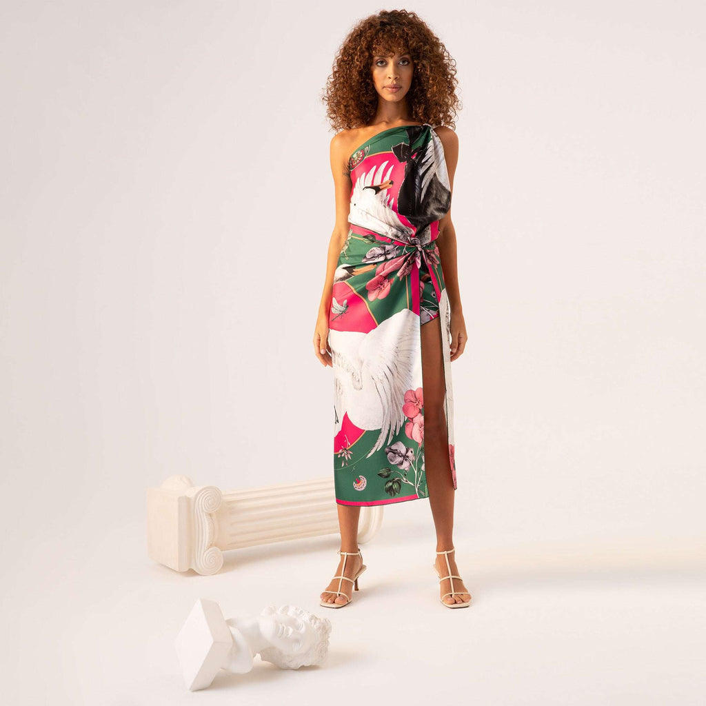 Cabala / Kuğular & Orkideler Yeşil İpek Krep 135 cm Şal