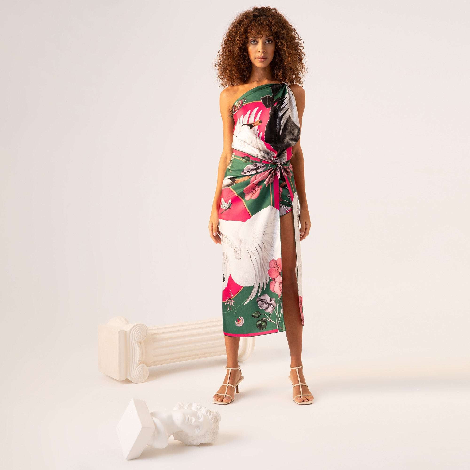 Cabala / Kuğular & Orkideler Yeşil İpek Krep 135 cm Şal