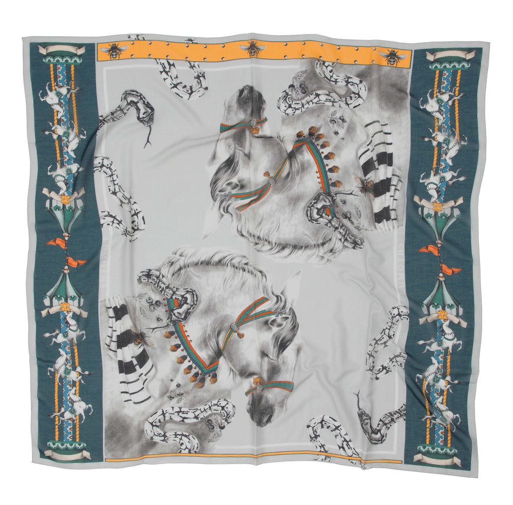 Delusion / Horses &amp; Snakes Gray Silk Cotton 135 cm Shawl