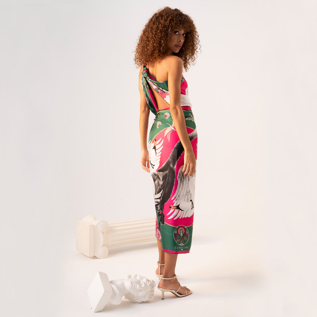 Cabala / Swans &amp; Orchids Green Silk Twill 90 cm Scarf