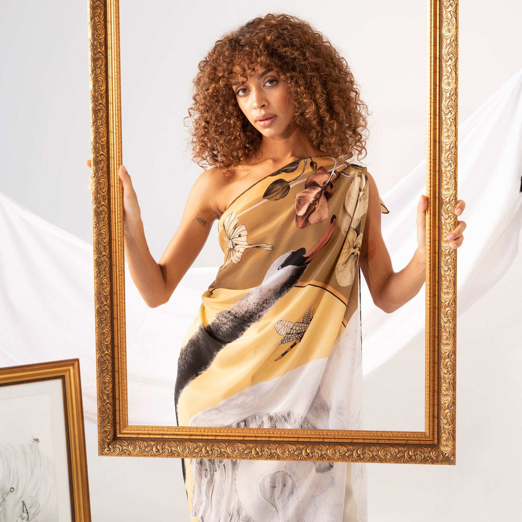 Cabala / Kuğular & Orkideler Haki İpek Twill 90 cm Eşarp