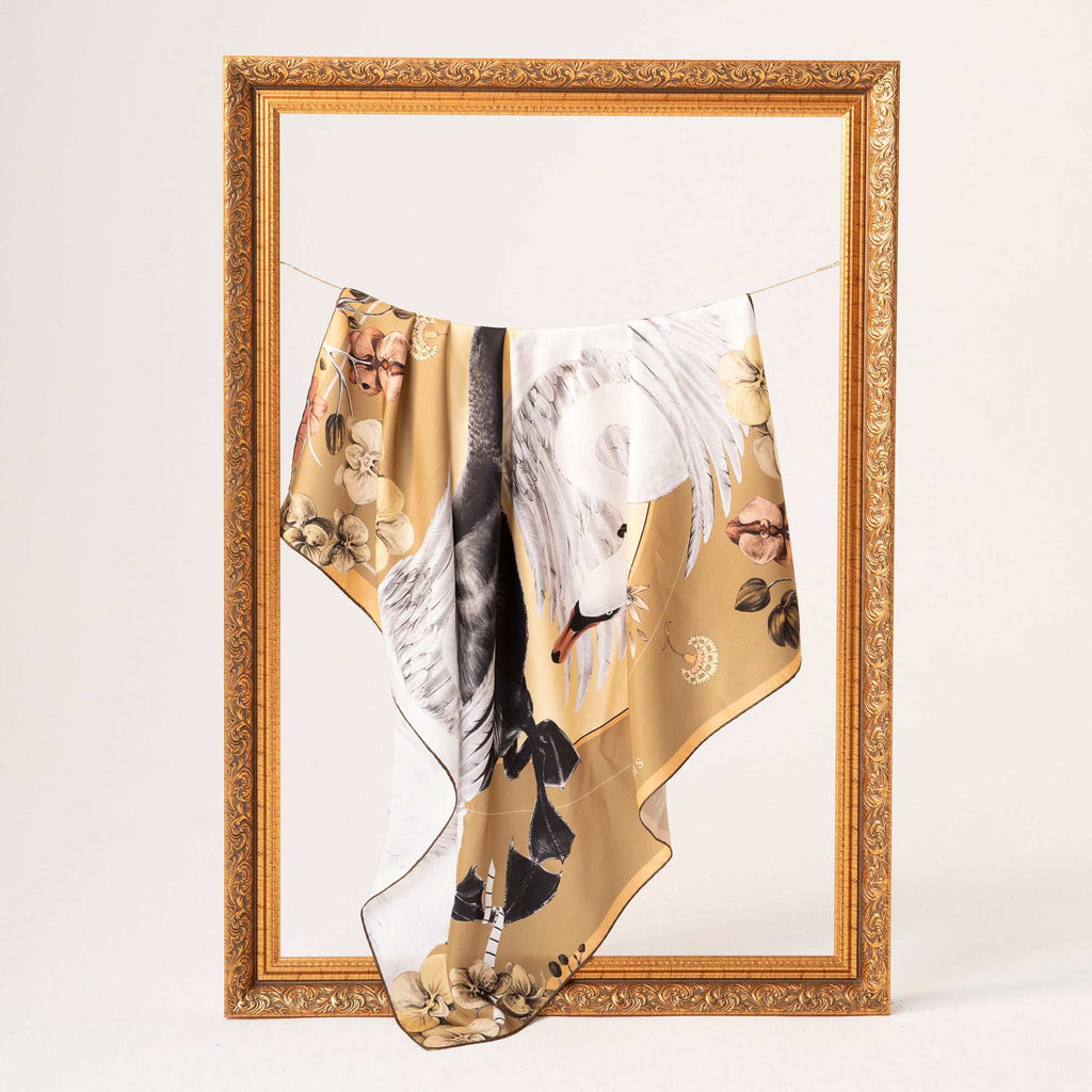 Cabala / Kuğular & Orkideler Haki İpek Twill 90 cm Eşarp