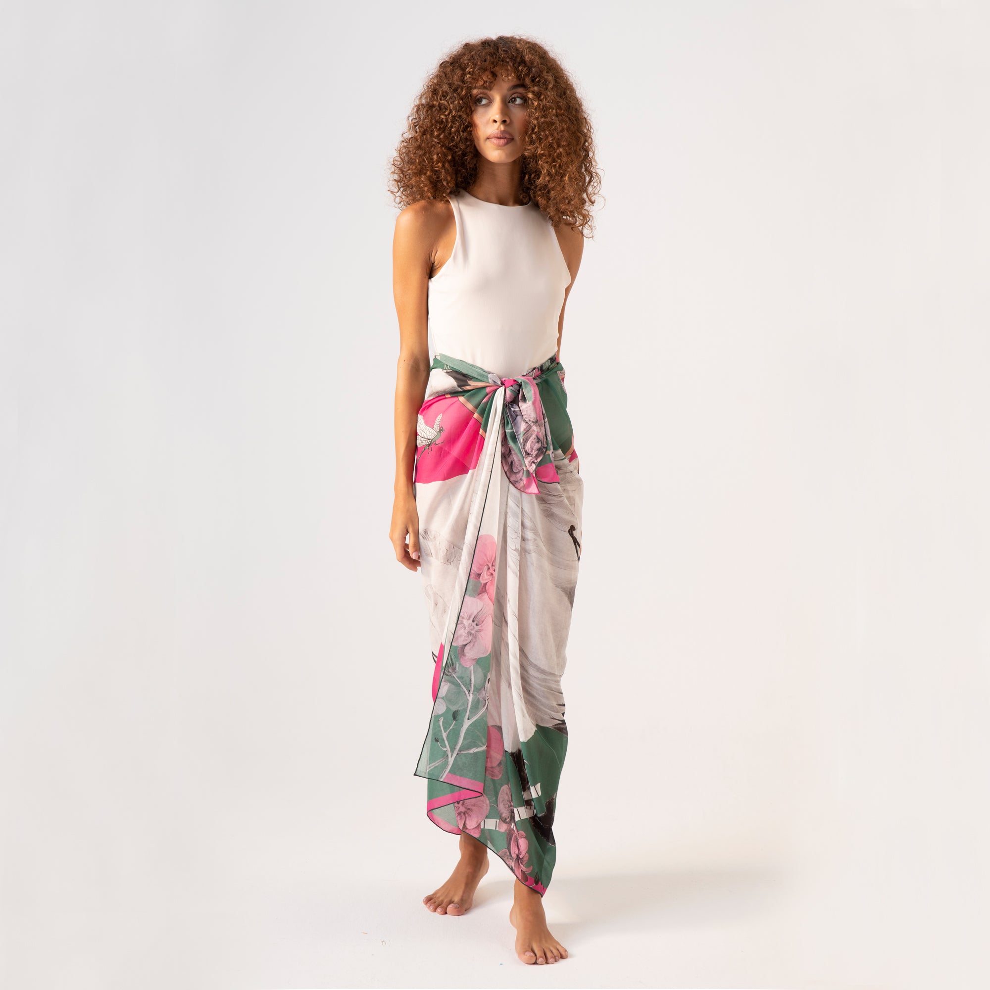 Cabala / Swans &amp; Orchids Green Silk Cotton 135 cm Shawl