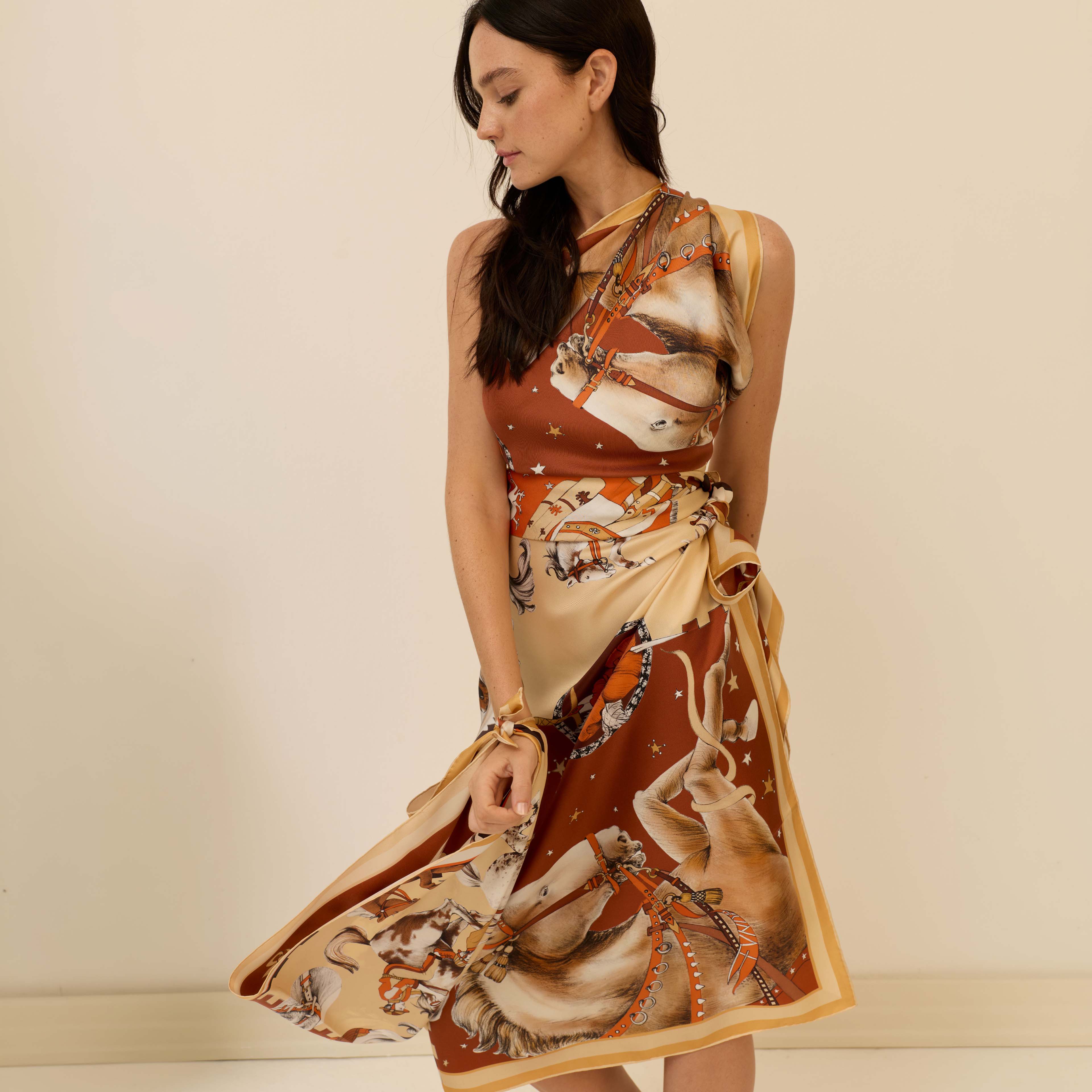 Ritmo Di Zoccoli / Horses and Eyes Reddish Brown Silk Twill 106 Cm Scarf