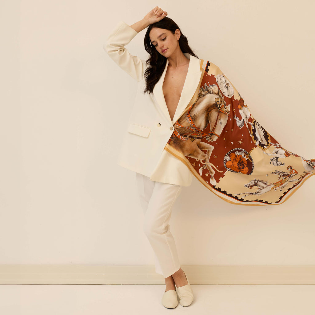 Ritmo Di Zoccoli / Atlar ve Gözler Kızıl Kahve İpek Twill 106 Cm Eşarp