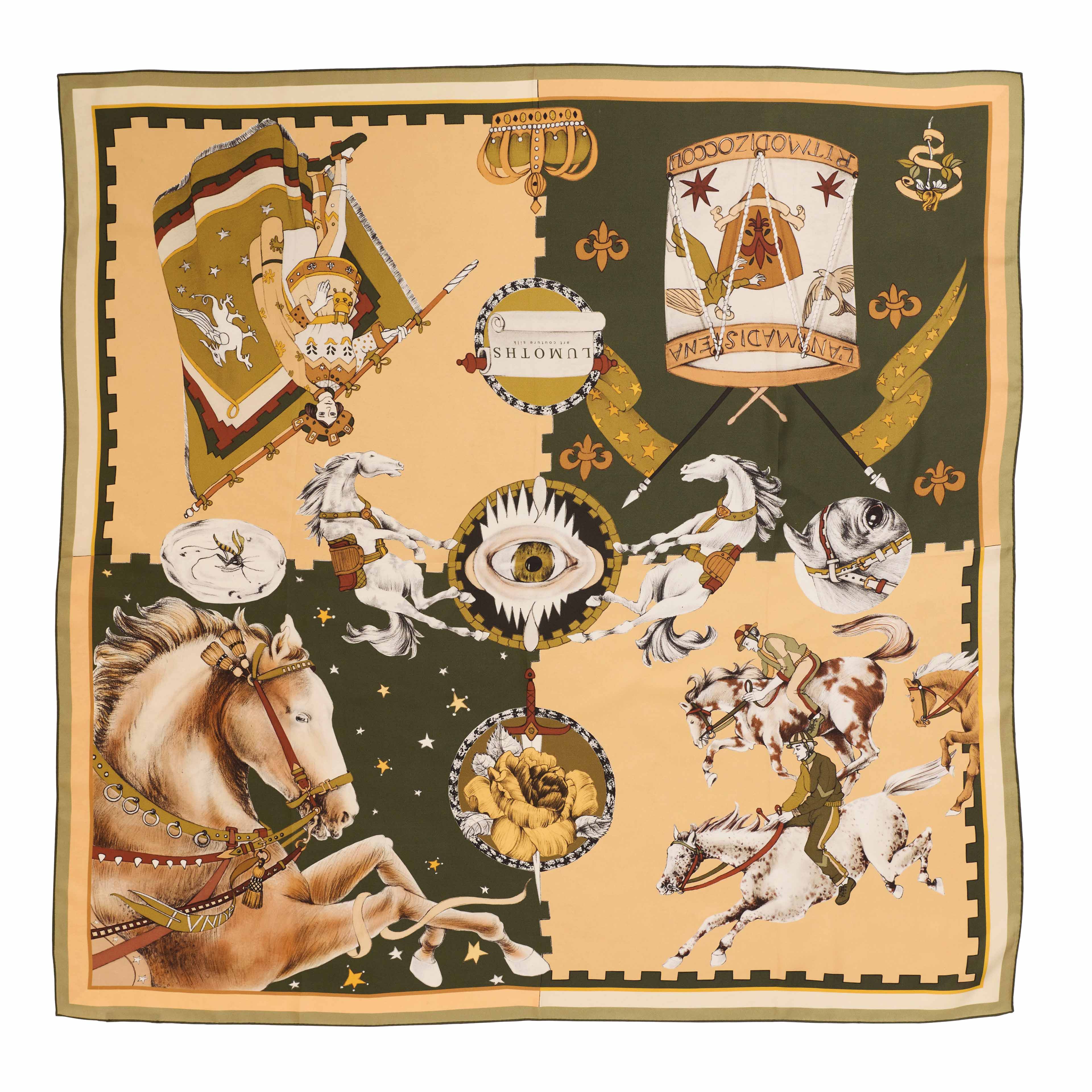 Ritmo Di Zoccoli / Atlar ve Gözler Zeytin Yeşili İpek Twill 106 Cm Eşarp