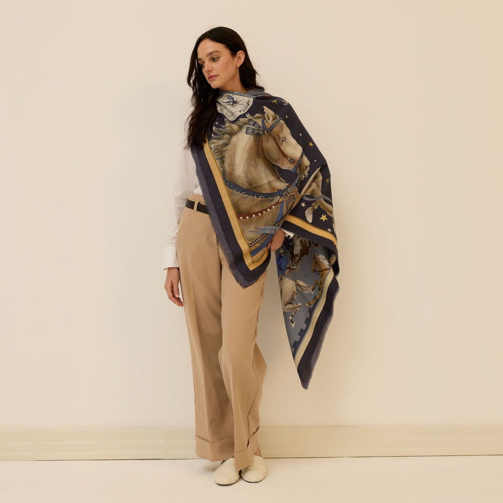 Ritmo Di Zoccoli / Horses and Eyes Olive Green Silk Twill 106 Cm Scarf