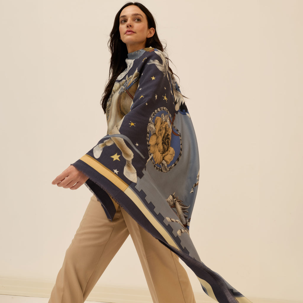 Ritmo Di Zoccoli / Horses and Eyes Olive Green Silk Twill 106 Cm Scarf