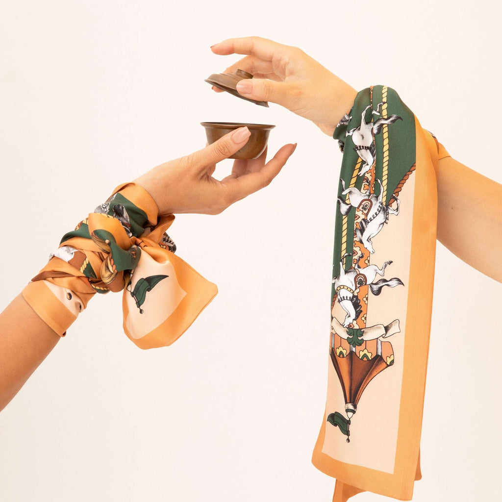 Soulmate / Atlar & Güveler Kayısı-Haki İpek Twill 14cm X 153cm Şerit Eşarp