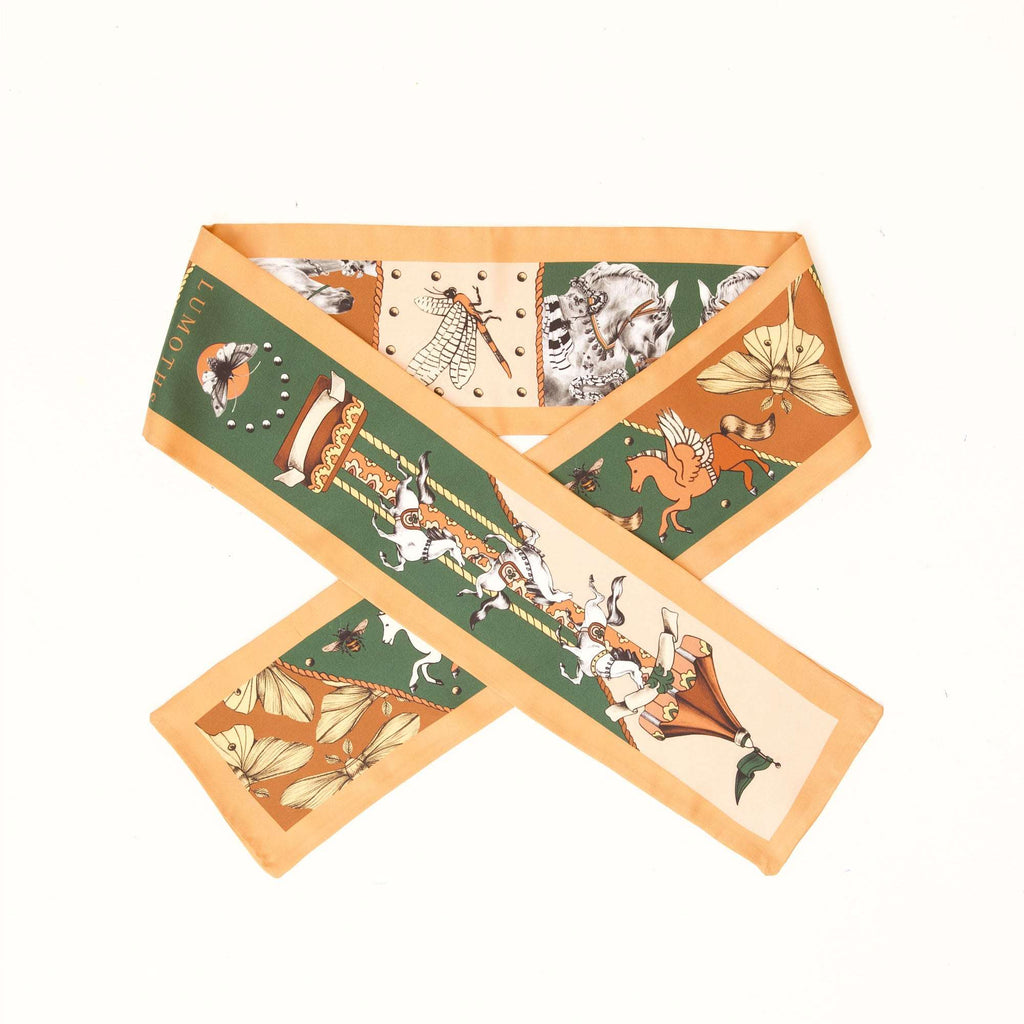 Soulmate / Atlar & Güveler Kayısı-Haki İpek Twill 14cm X 153cm Şerit Eşarp