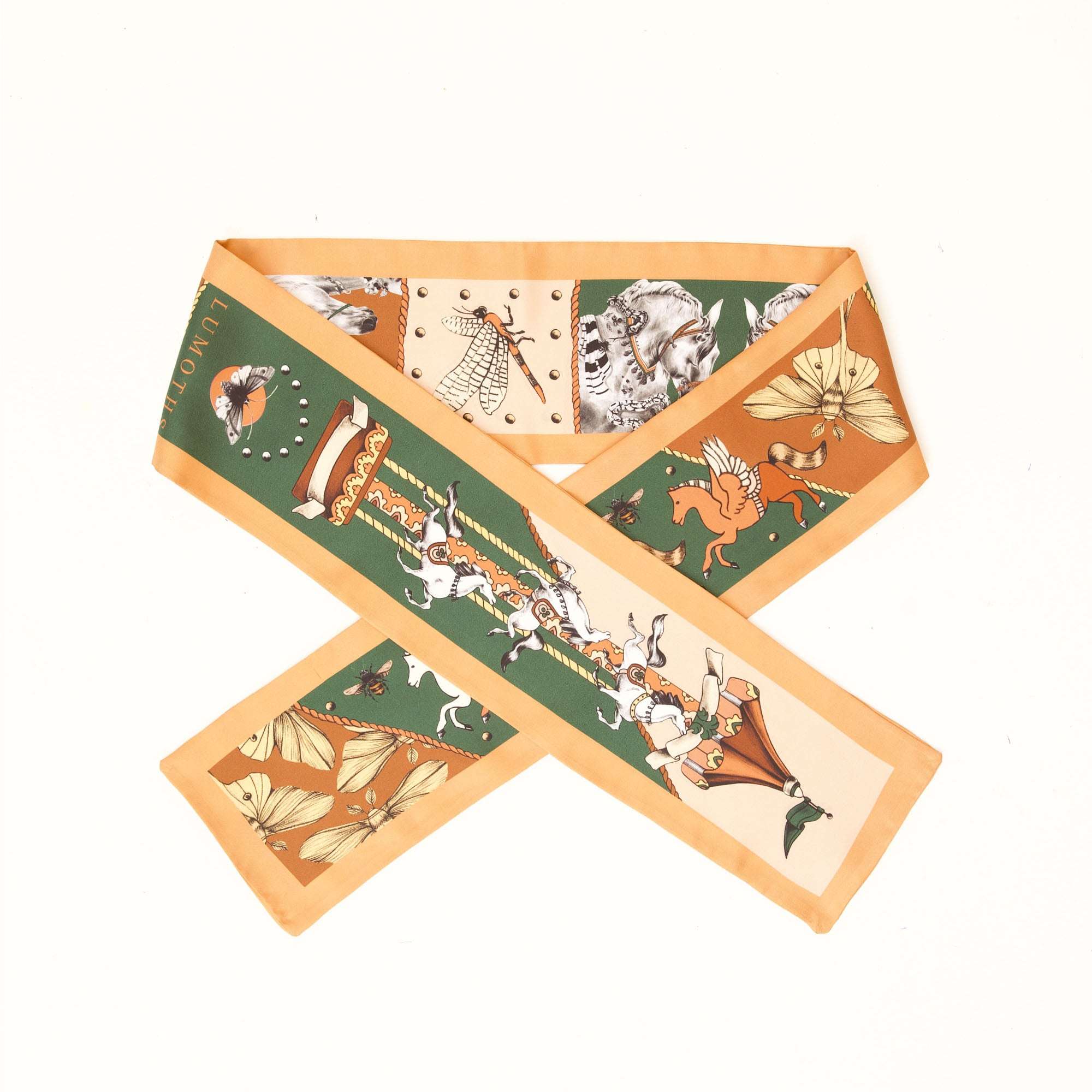 Soulmate / Atlar & Güveler Kayısı-Haki İpek Twill 14cm X 153cm Şerit Eşarp