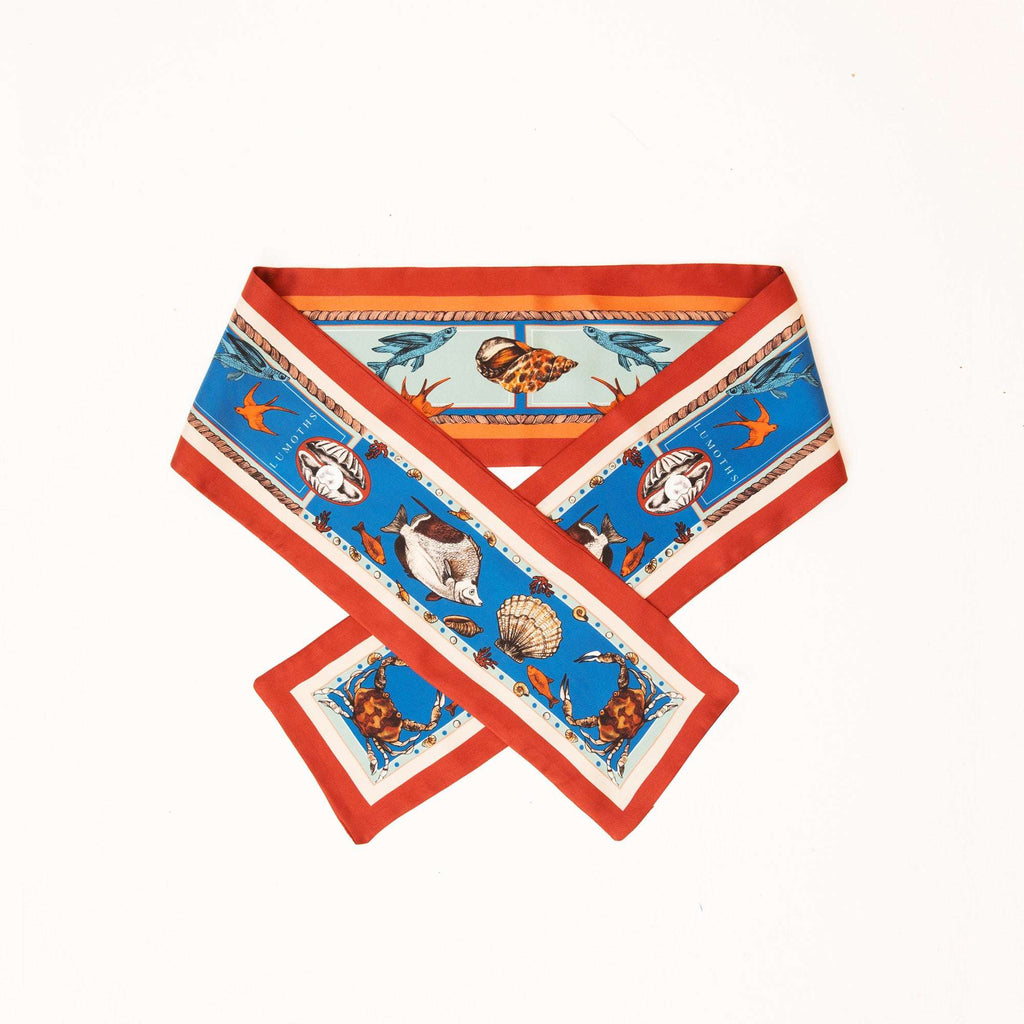 Marine / İnci & Yengeç Mercan-Mint İpek Twill 14cm X 130 cm Şerit Eşarp