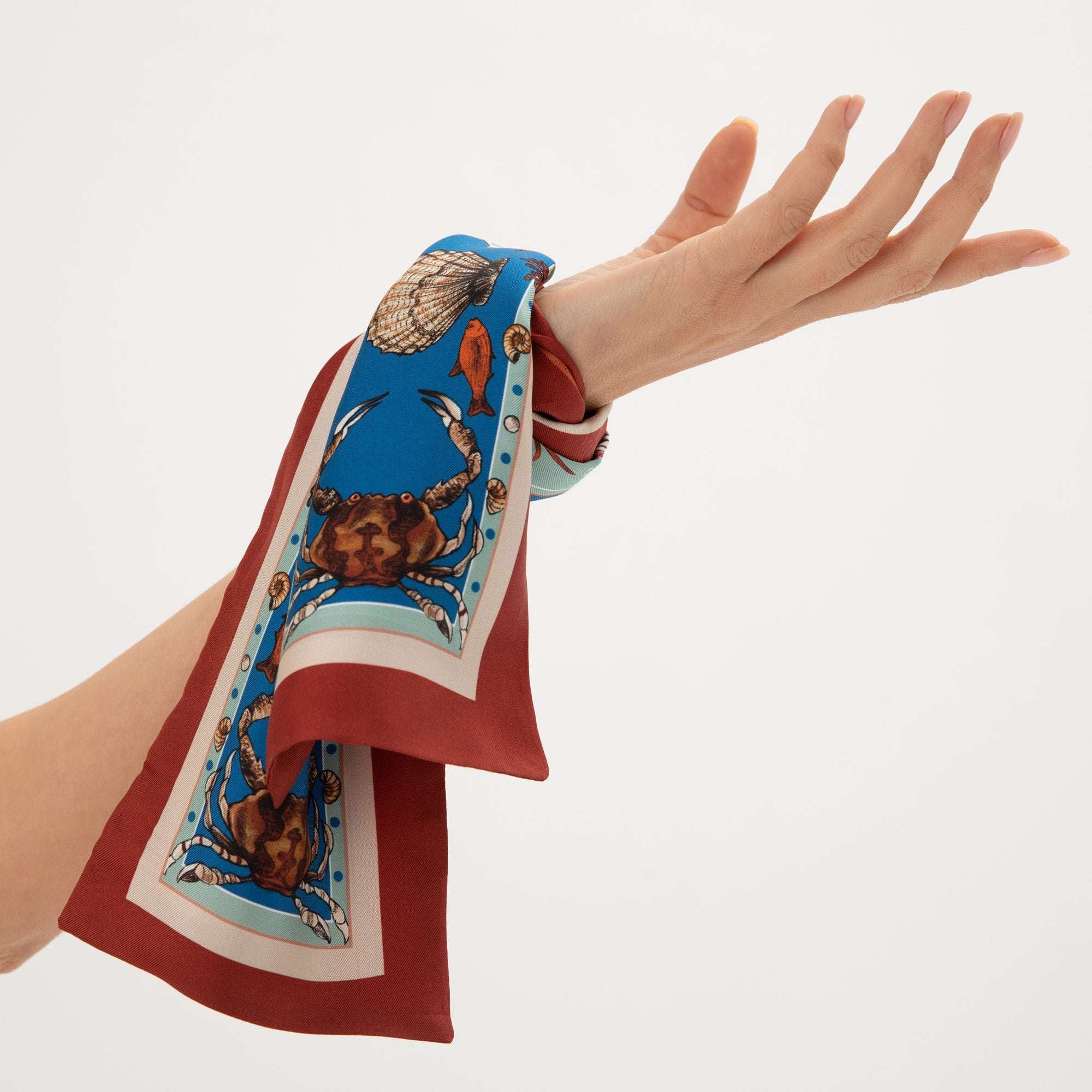 Marine / İnci & Yengeç Mercan-Mint İpek Twill 14cm X 130 cm Şerit Eşarp