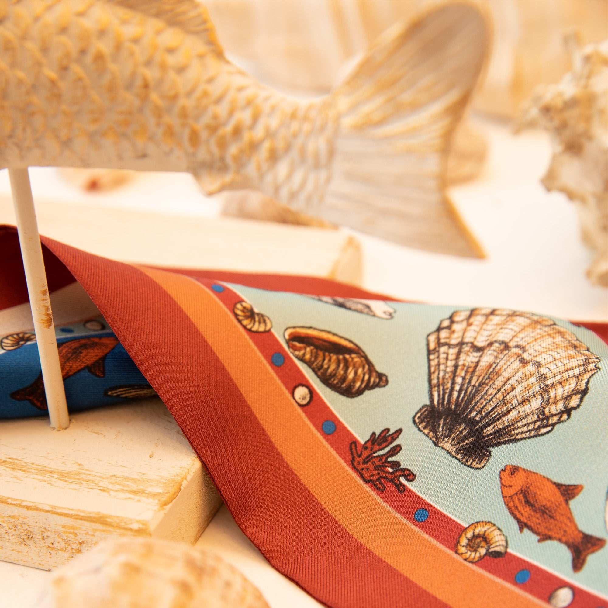 Marine / İnci & Yengeç Mercan-Mint İpek Twill 14cm X 130 cm Şerit Eşarp