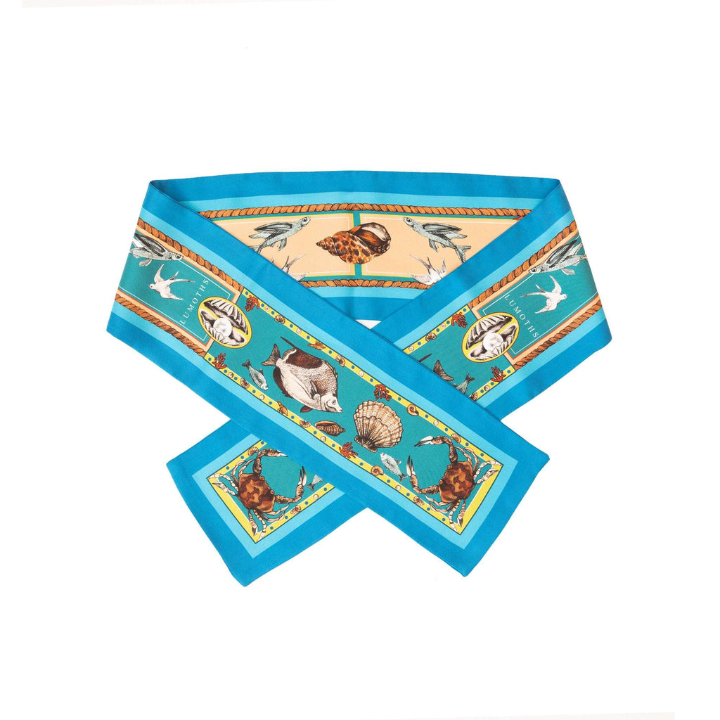 Marine / İnci & Yengeç Deniz Mavi-Turkuaz İpek Twill 14cm X 130cm Şerit Eşarp